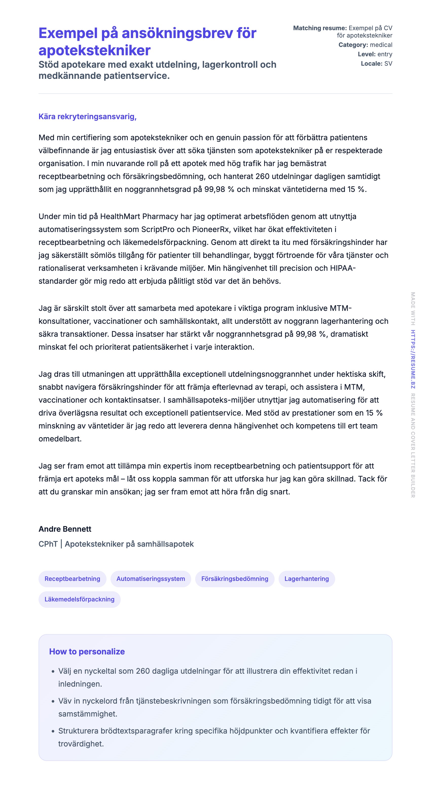 Förhandsgranskning av motivationsbrev för Exempel på ansökningsbrev för apotekstekniker