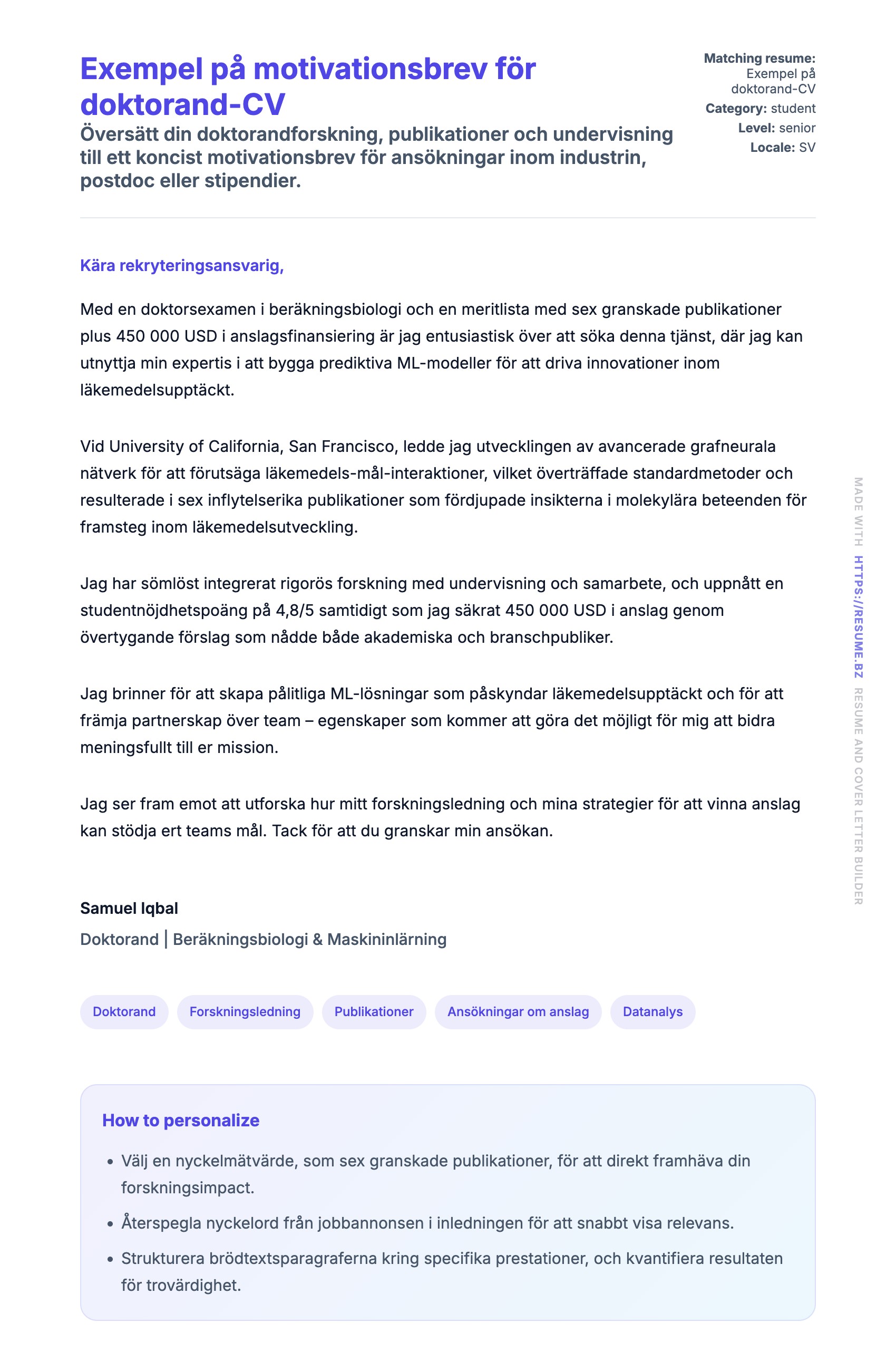 Förhandsgranskning av motivationsbrev för Exempel på motivationsbrev för doktorand-CV