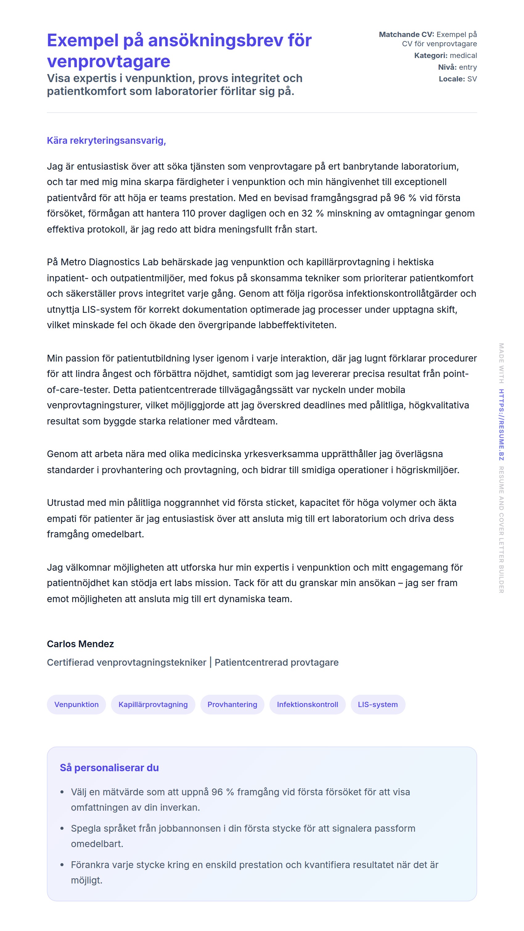Förhandsgranskning av motivationsbrev för Exempel på ansökningsbrev för venprovtagare