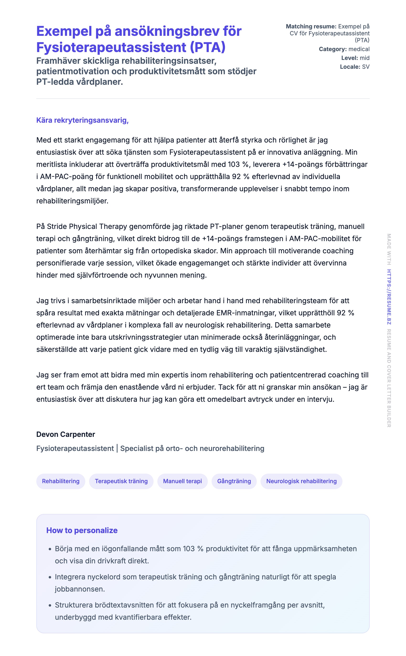 Förhandsgranskning av motivationsbrev för Exempel på ansökningsbrev för Fysioterapeutassistent (PTA)