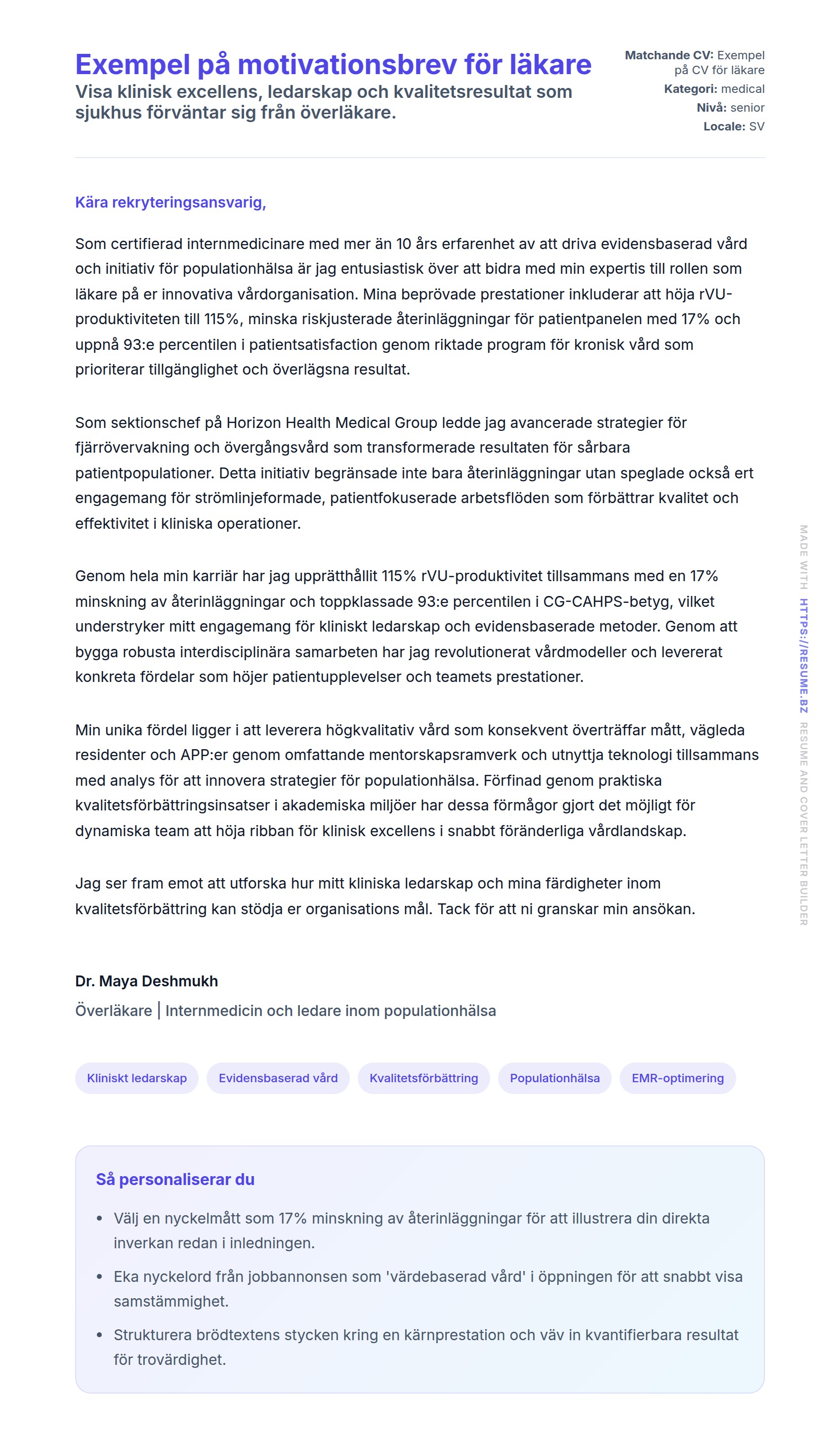 Förhandsgranskning av motivationsbrev för Exempel på motivationsbrev för läkare