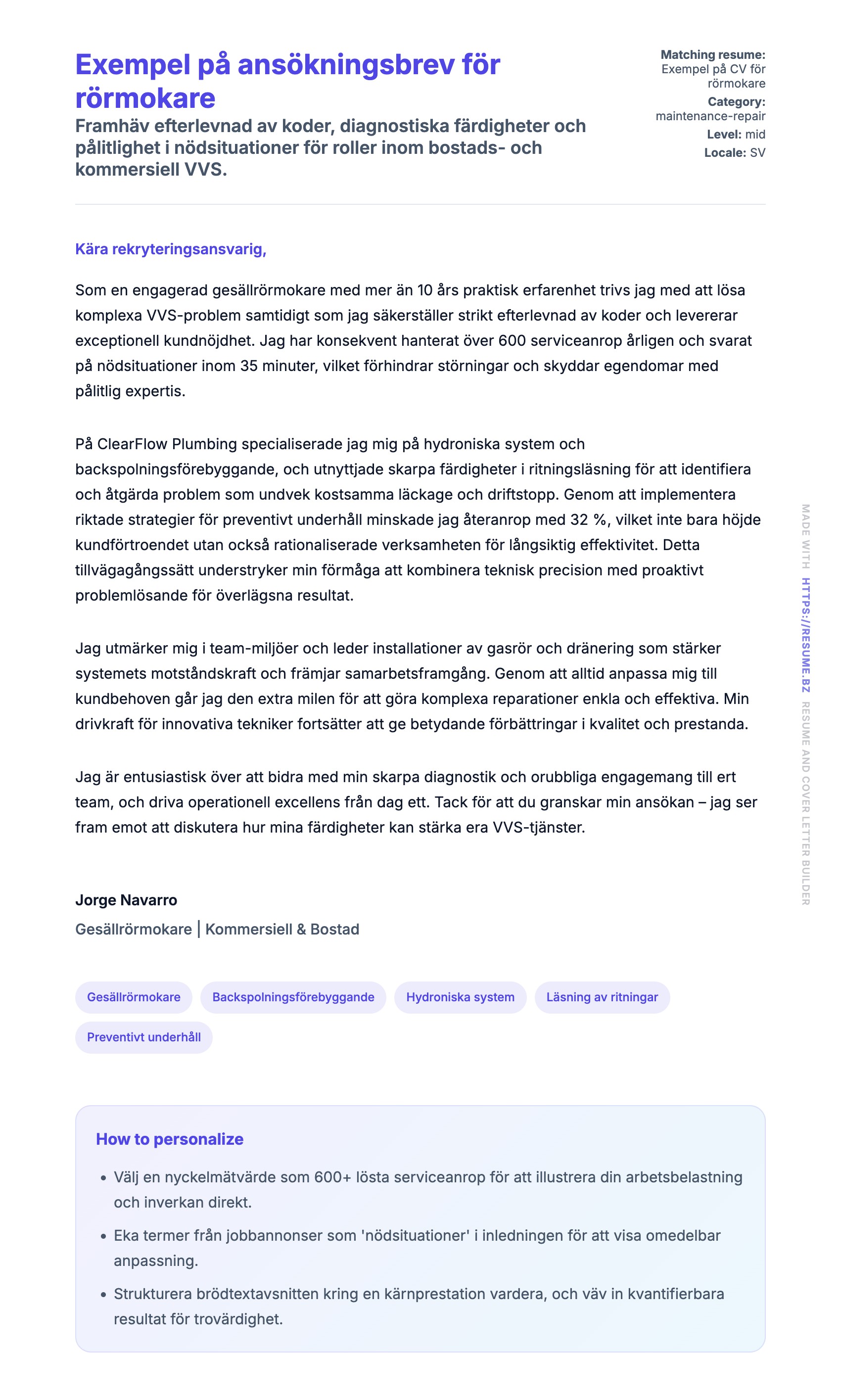 Förhandsgranskning av motivationsbrev för Exempel på ansökningsbrev för rörmokare
