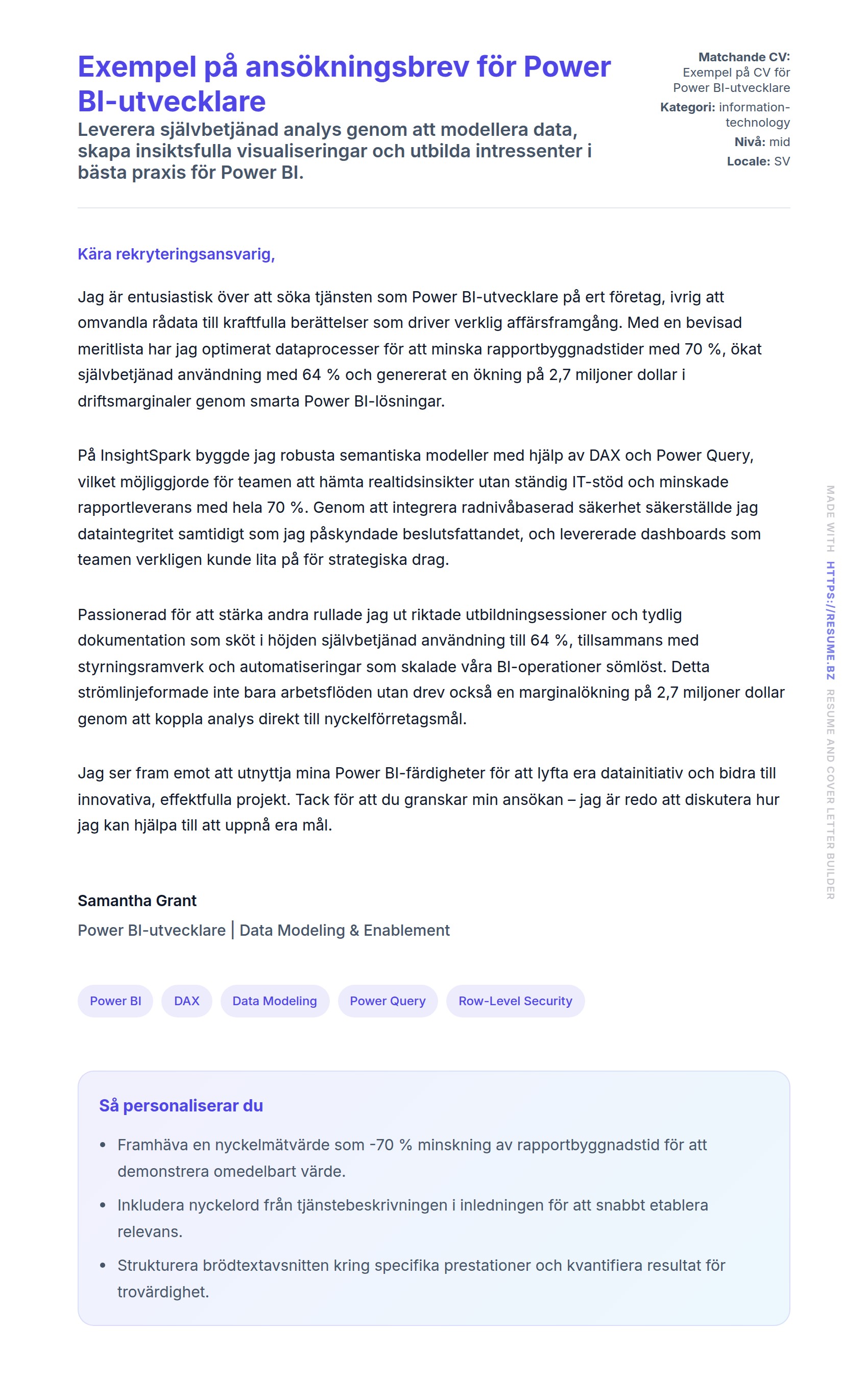 Förhandsgranskning av motivationsbrev för Exempel på ansökningsbrev för Power BI-utvecklare