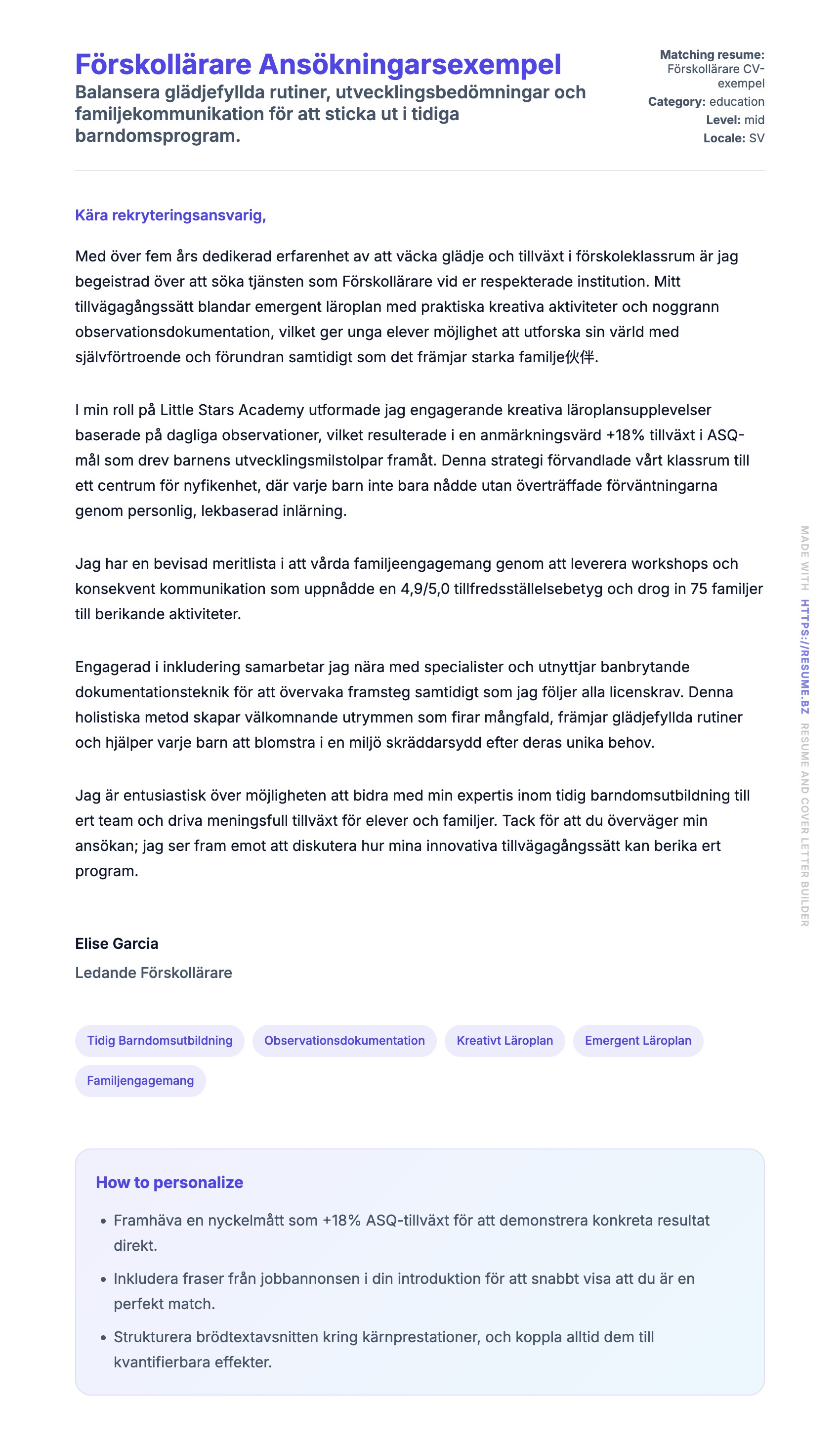 Förhandsgranskning av motivationsbrev för Förskollärare Ansökningarsexempel