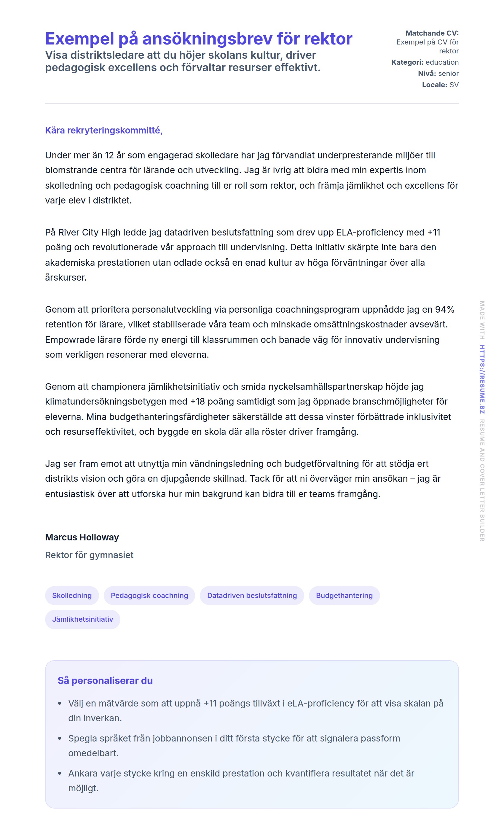 Förhandsgranskning av motivationsbrev för Exempel på ansökningsbrev för rektor