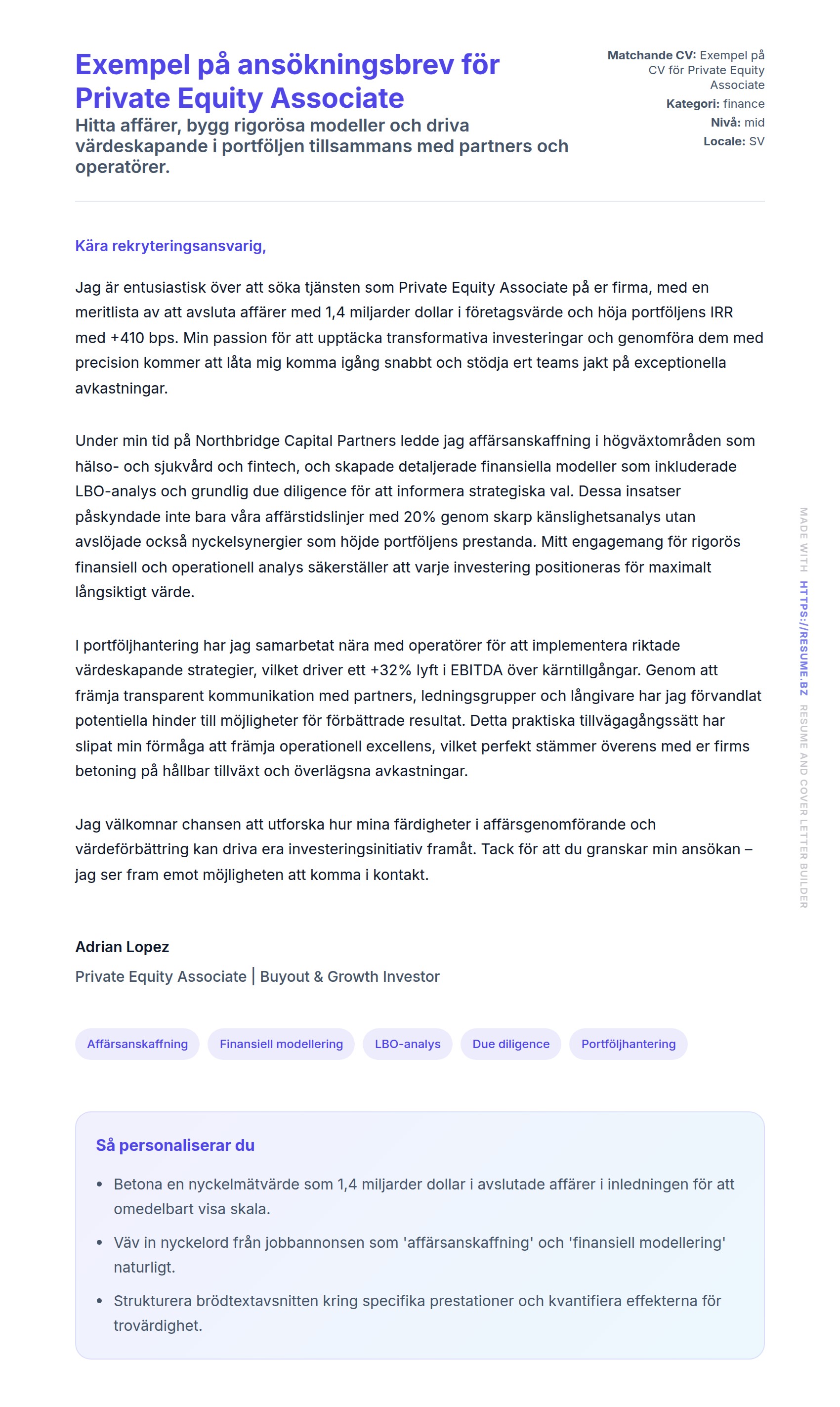 Förhandsgranskning av motivationsbrev för Exempel på ansökningsbrev för Private Equity Associate
