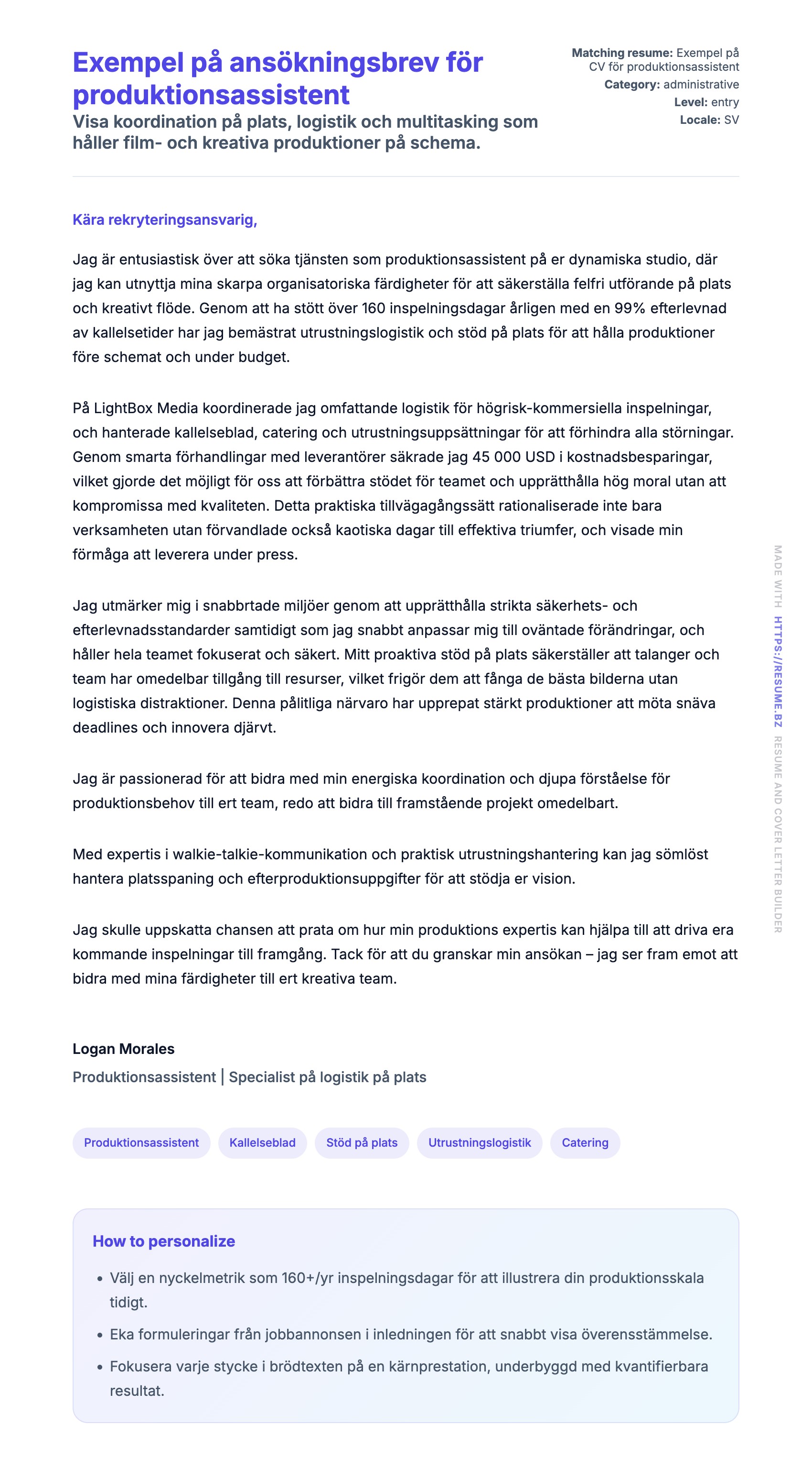 Förhandsgranskning av motivationsbrev för Exempel på ansökningsbrev för produktionsassistent