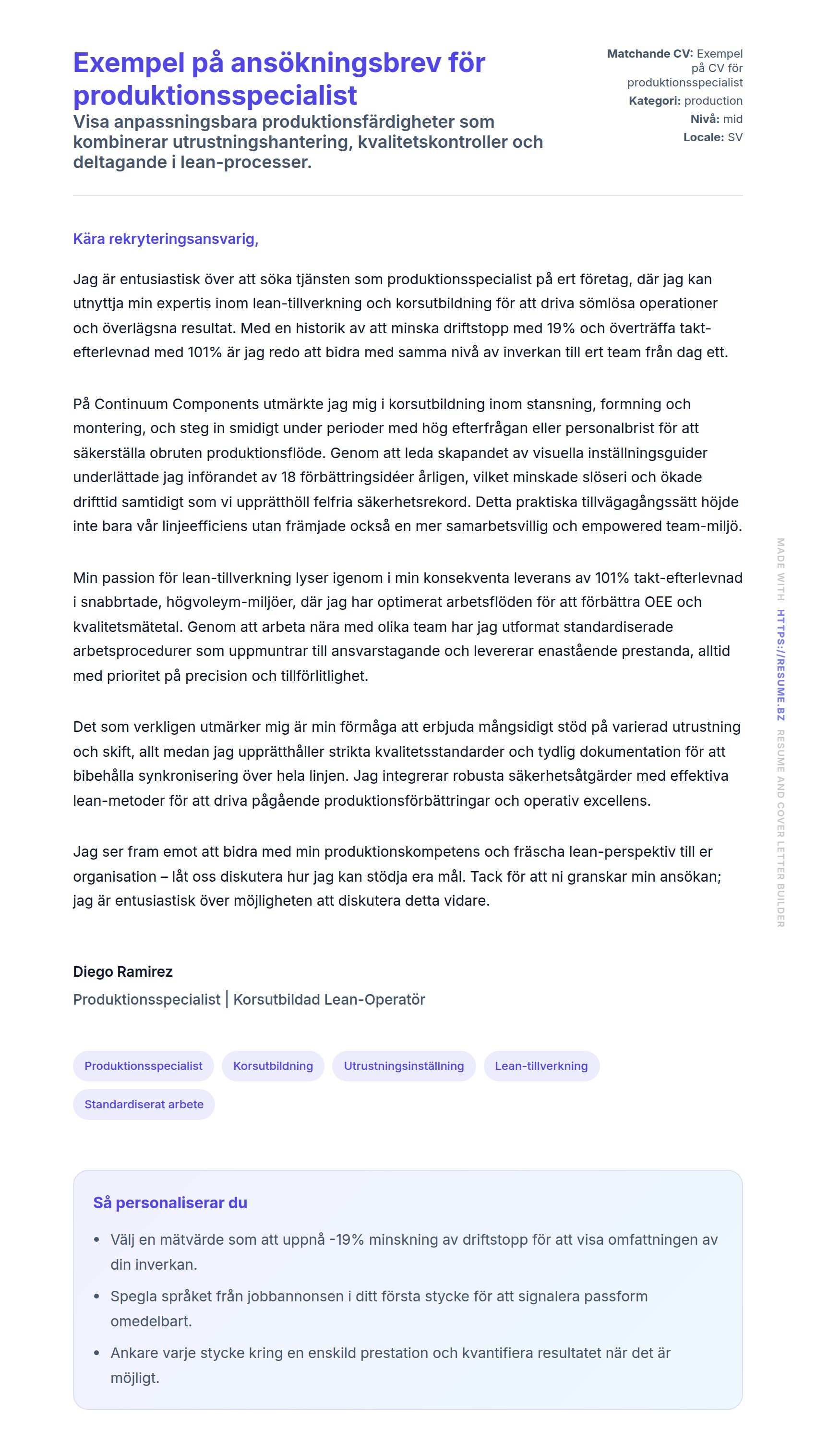 Förhandsgranskning av motivationsbrev för Exempel på ansökningsbrev för produktionsspecialist