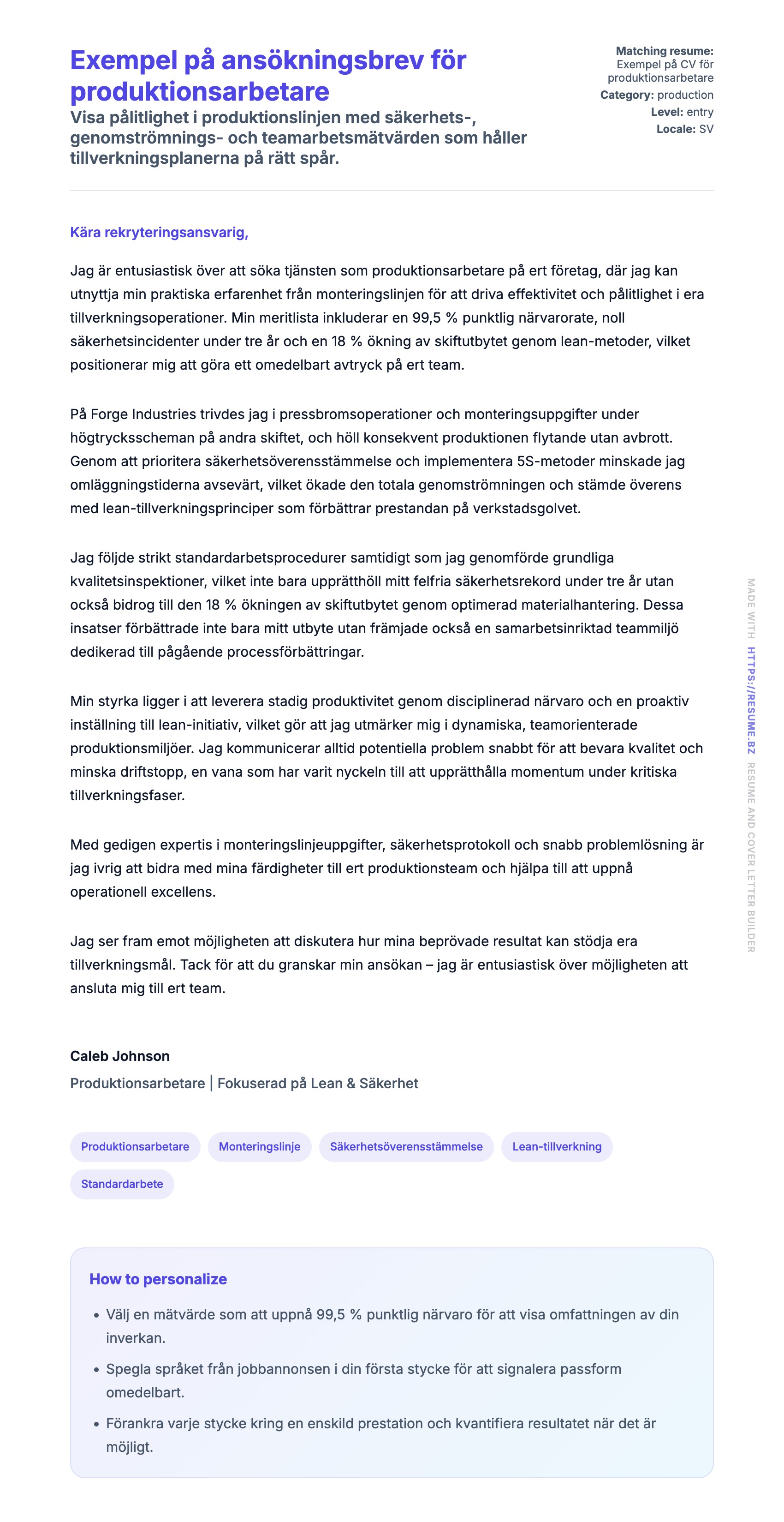 Förhandsgranskning av motivationsbrev för Exempel på ansökningsbrev för produktionsarbetare