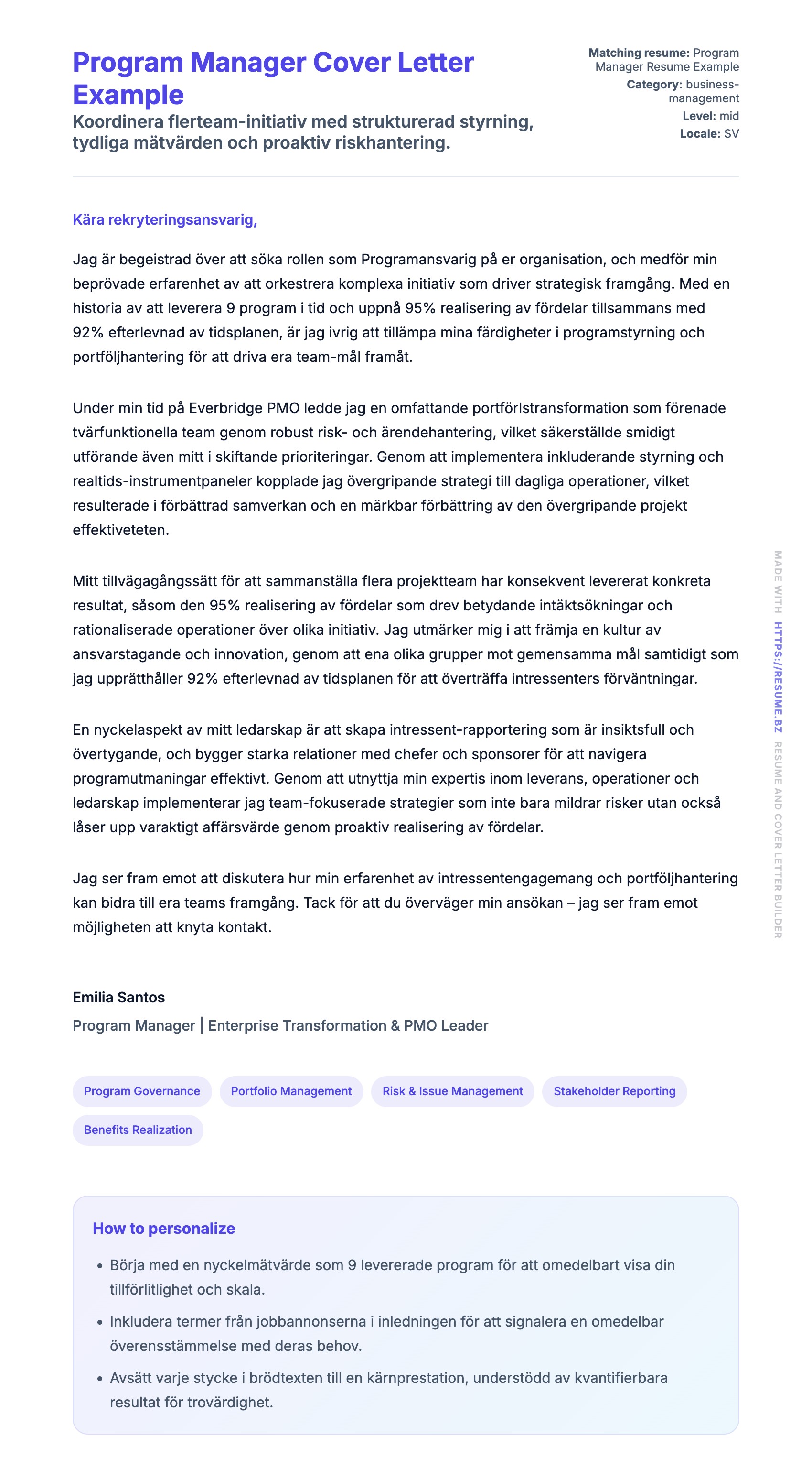 Förhandsgranskning av motivationsbrev för Program Manager Cover Letter Example