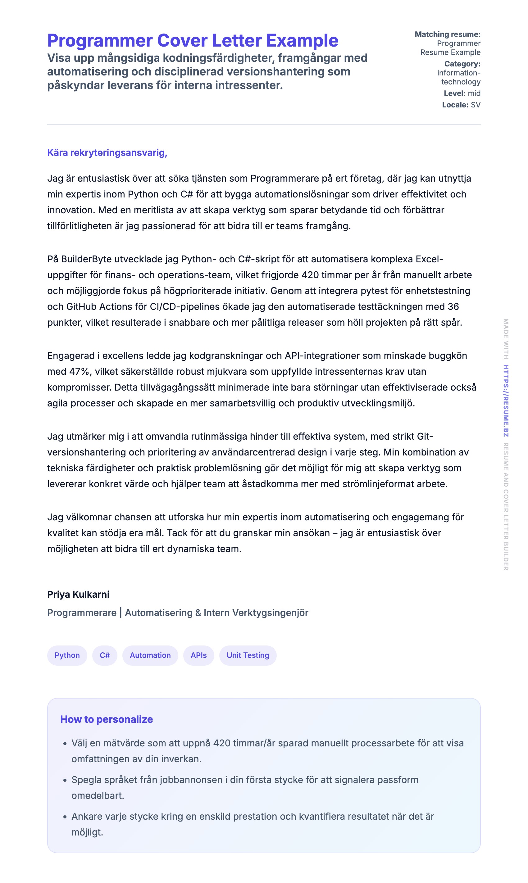 Förhandsgranskning av motivationsbrev för Programmer Cover Letter Example