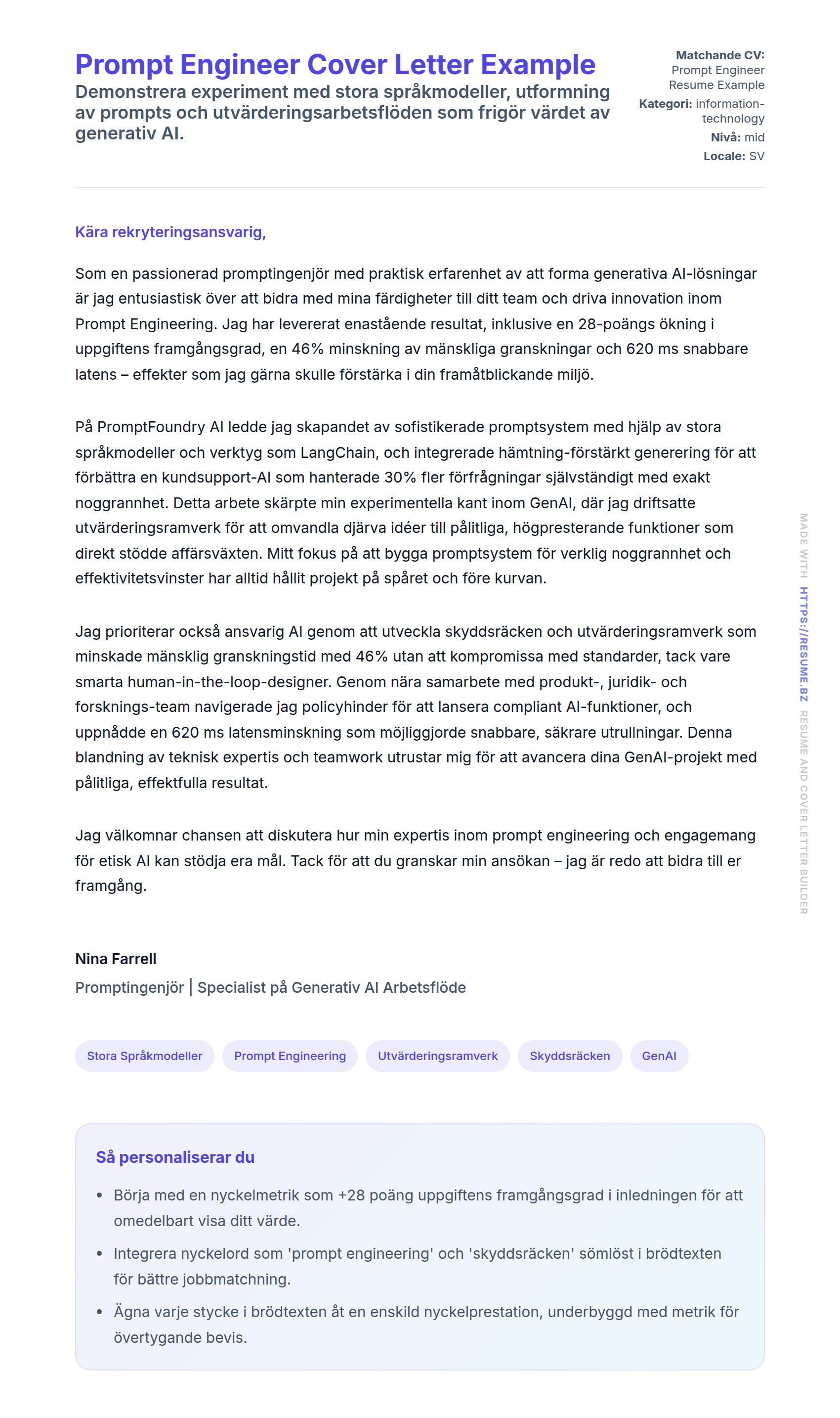 Förhandsgranskning av motivationsbrev för Prompt Engineer Cover Letter Example