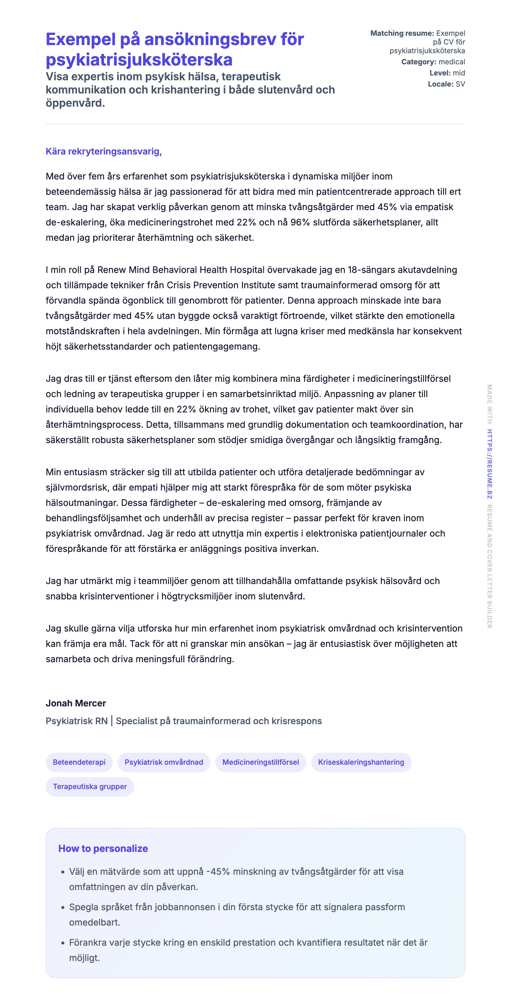 Förhandsgranskning av motivationsbrev för Exempel på ansökningsbrev för psykiatrisjuksköterska