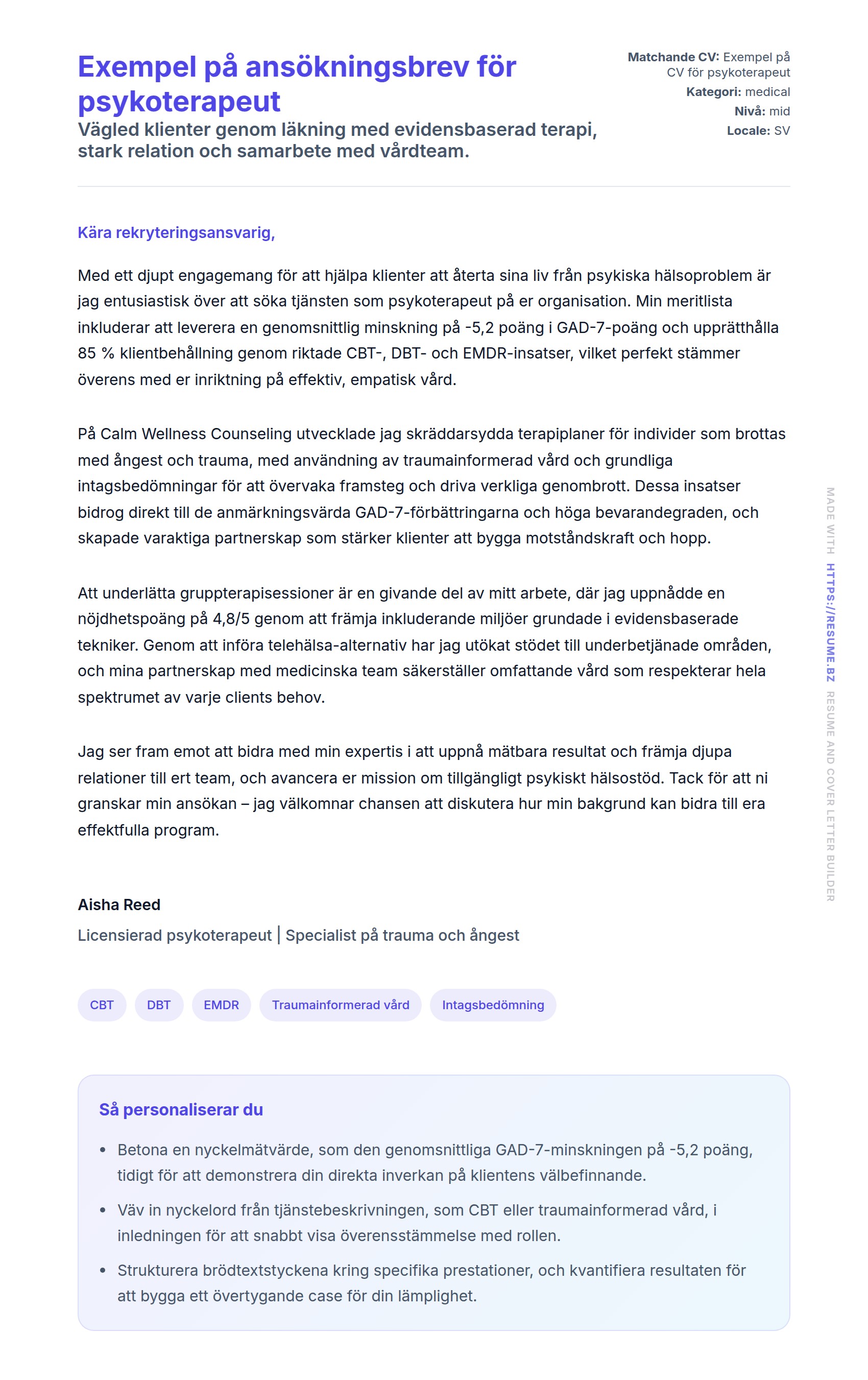 Förhandsgranskning av motivationsbrev för Exempel på ansökningsbrev för psykoterapeut