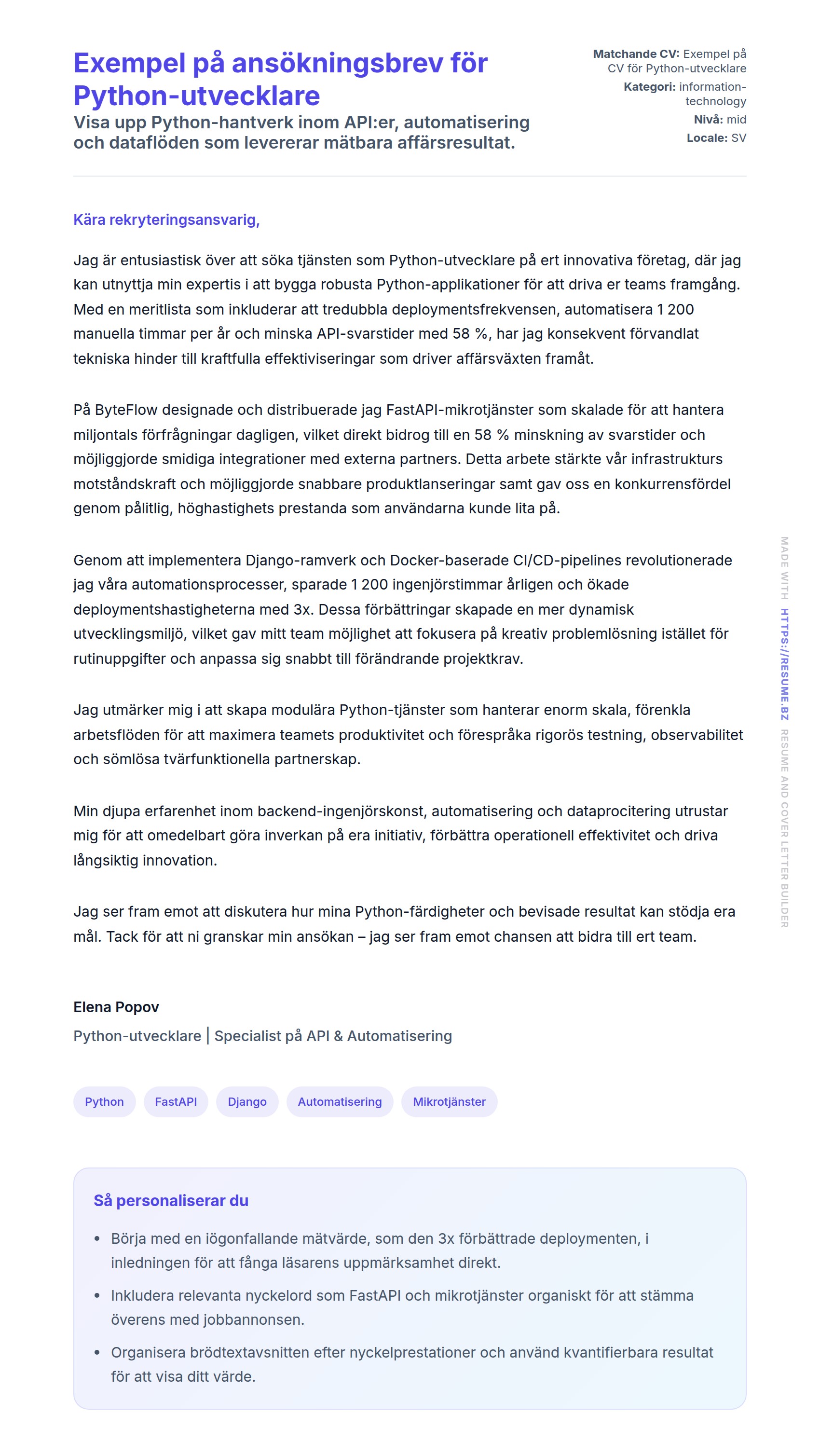 Förhandsgranskning av motivationsbrev för Exempel på ansökningsbrev för Python-utvecklare