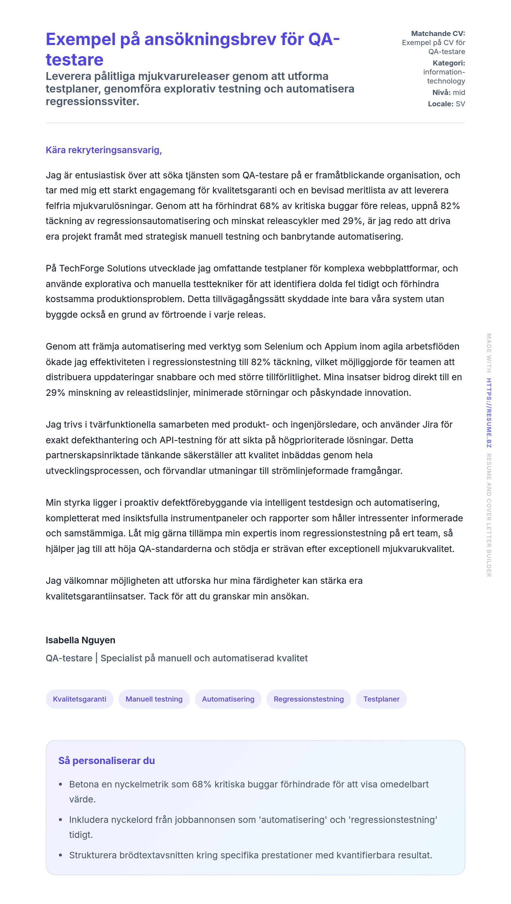 Förhandsgranskning av motivationsbrev för Exempel på ansökningsbrev för QA-testare