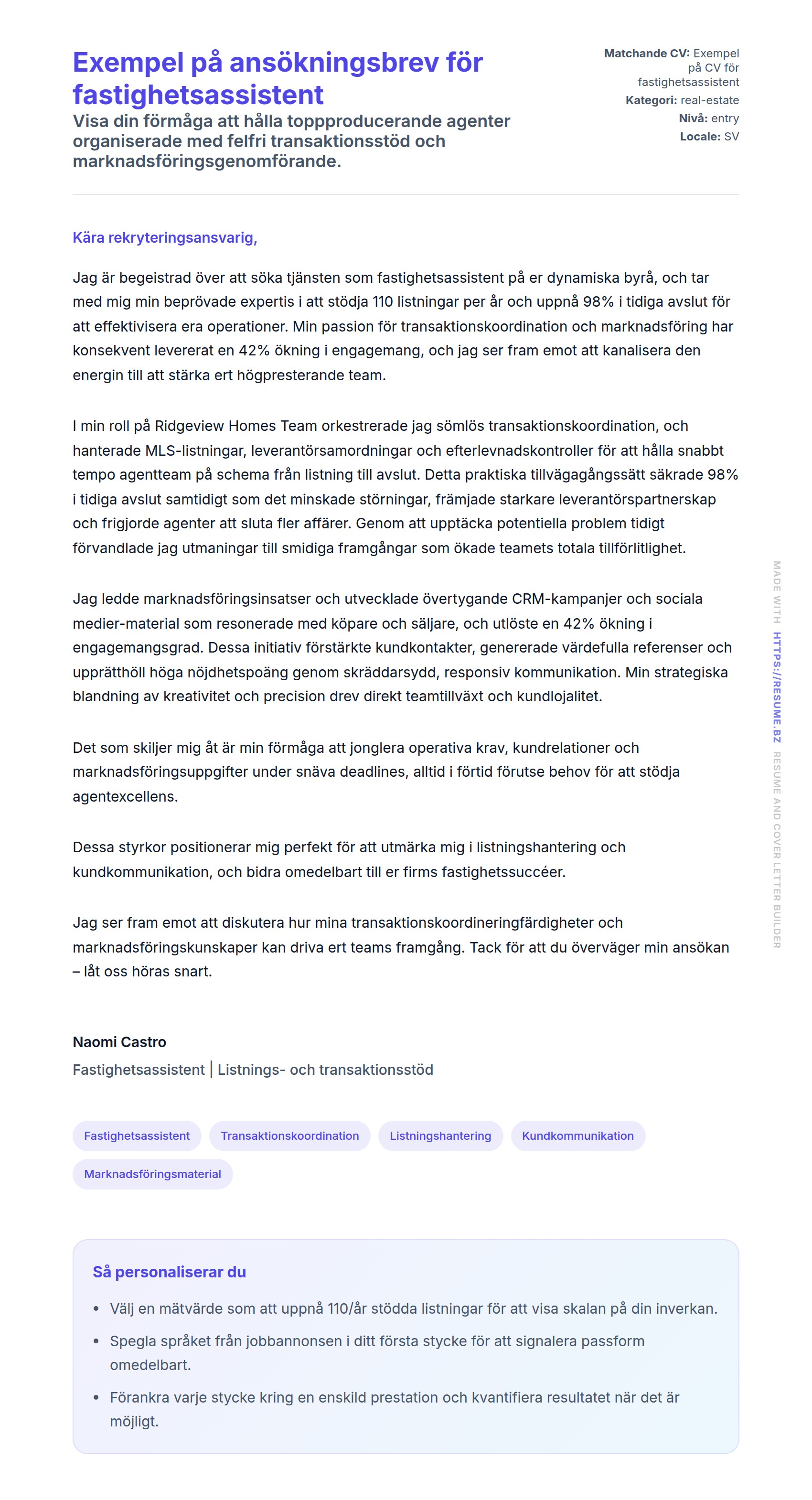 Förhandsgranskning av motivationsbrev för Exempel på ansökningsbrev för fastighetsassistent