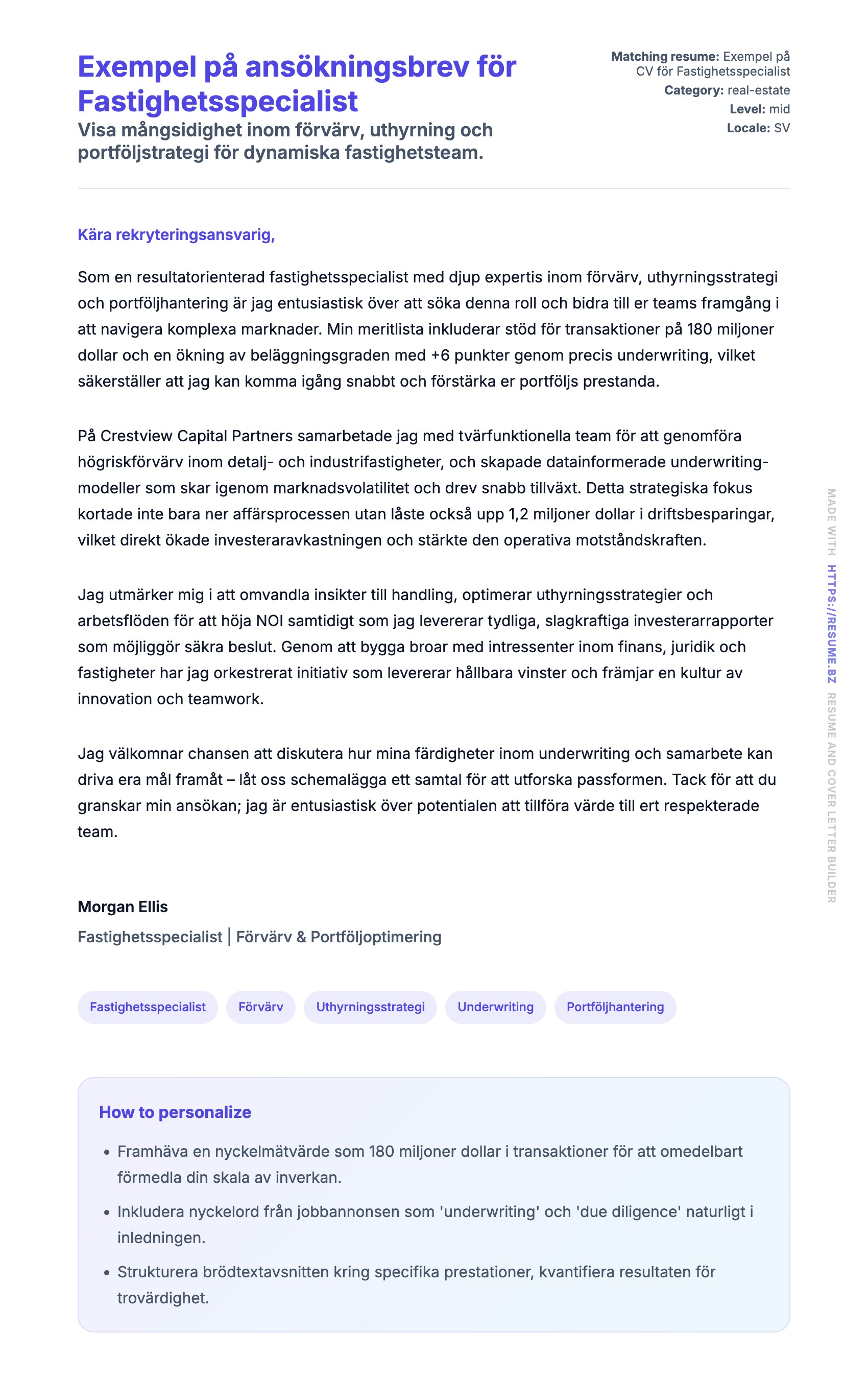 Förhandsgranskning av motivationsbrev för Exempel på ansökningsbrev för Fastighetsspecialist