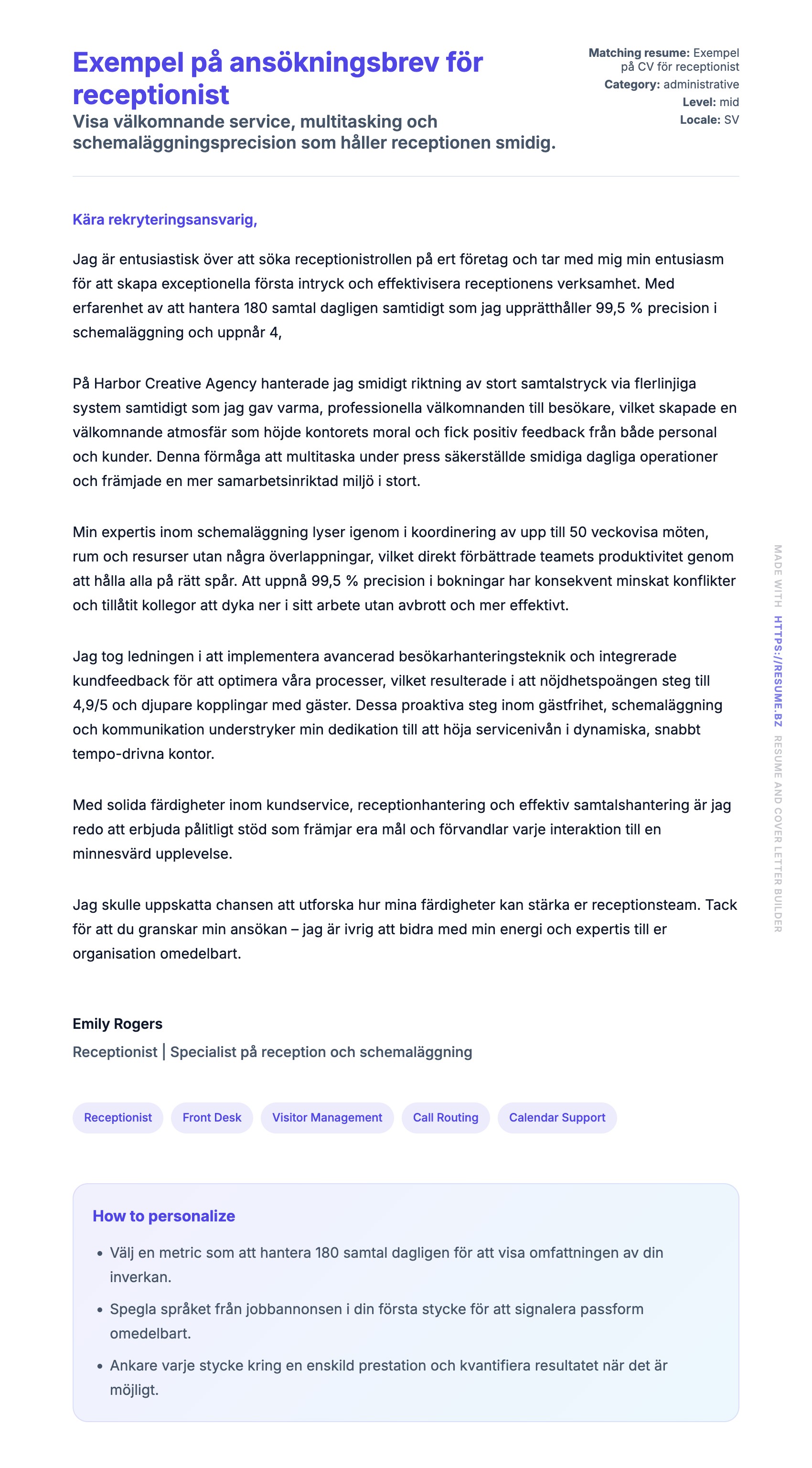 Förhandsgranskning av motivationsbrev för Exempel på ansökningsbrev för receptionist