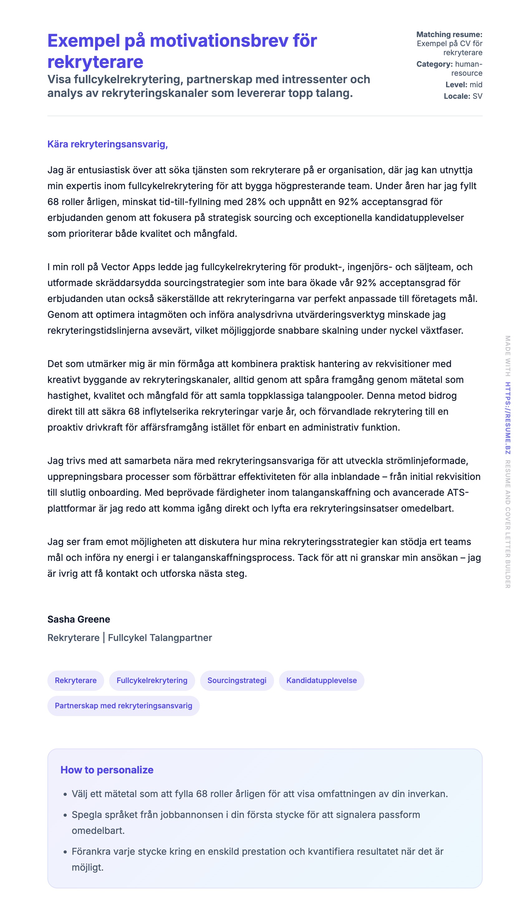Förhandsgranskning av motivationsbrev för Exempel på motivationsbrev för rekryterare