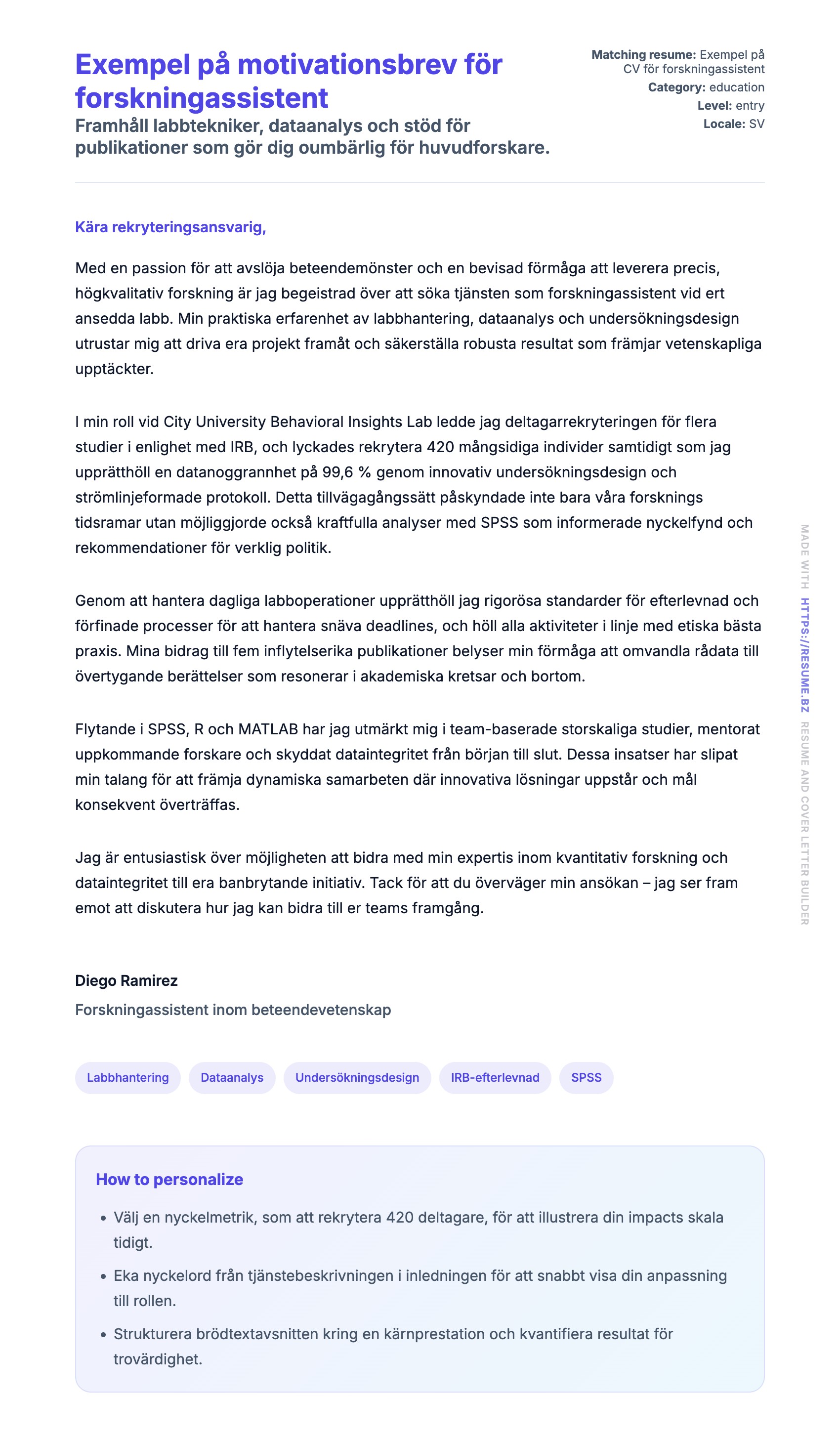 Förhandsgranskning av motivationsbrev för Exempel på motivationsbrev för forskningassistent