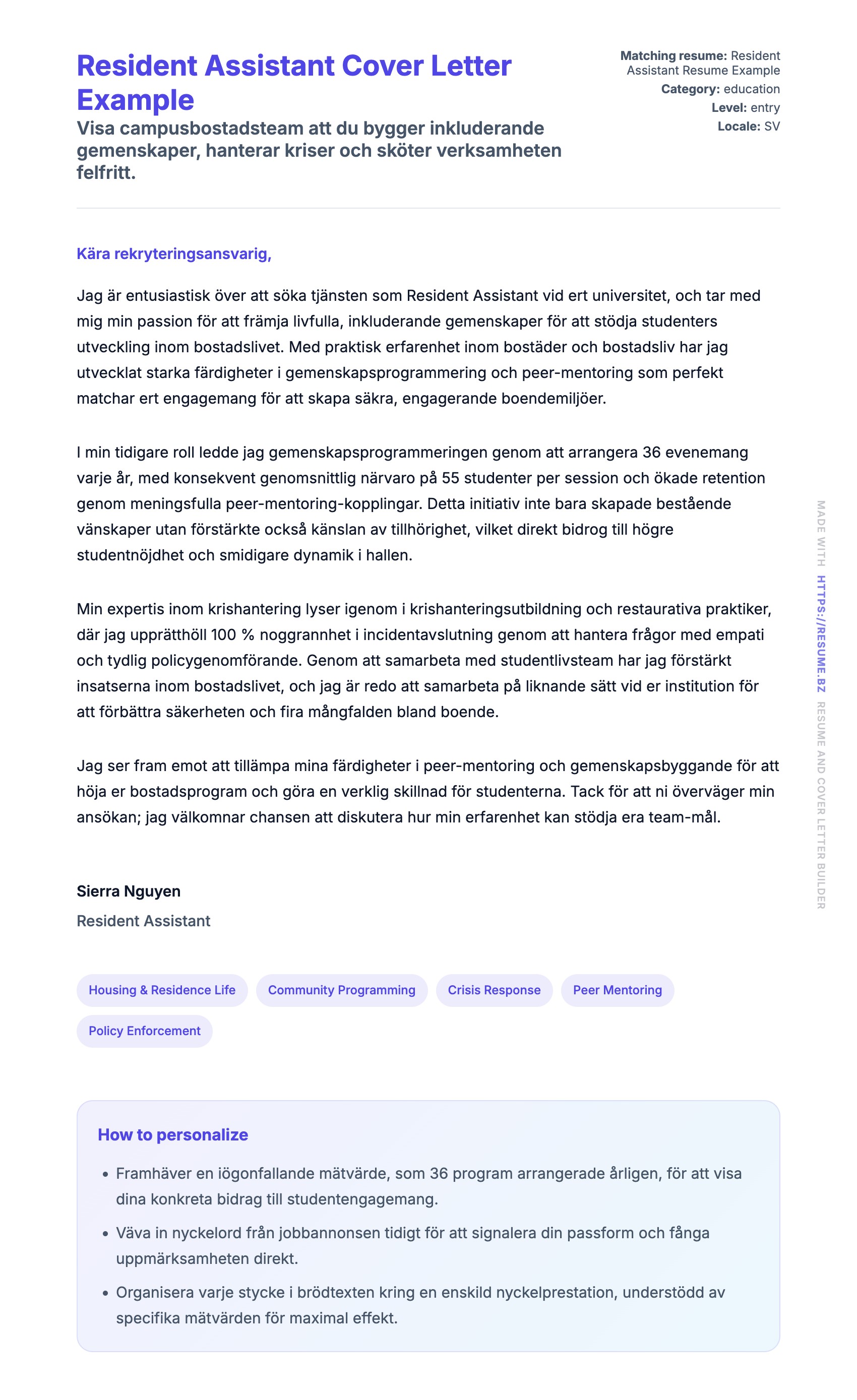 Förhandsgranskning av motivationsbrev för Resident Assistant Cover Letter Example