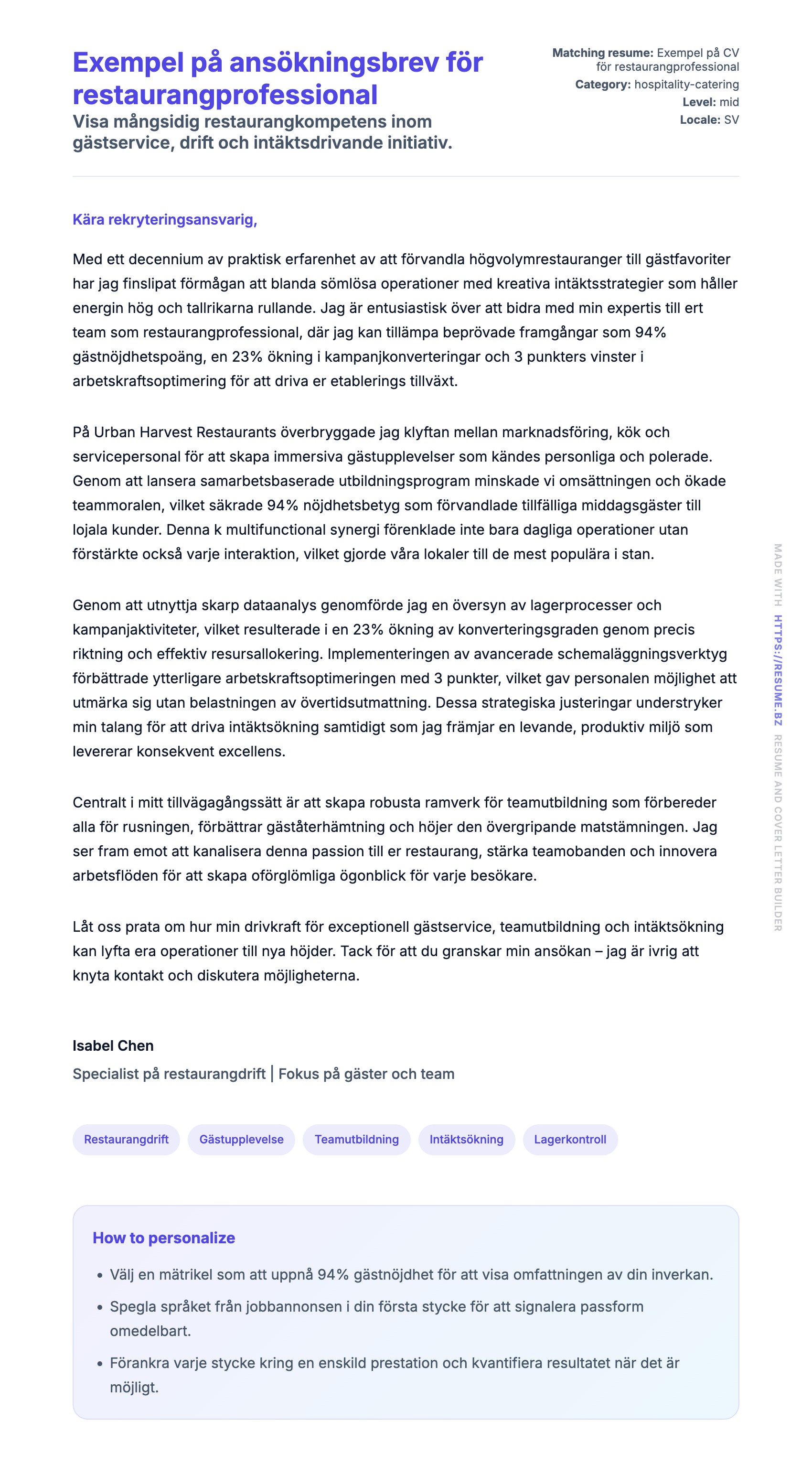 Förhandsgranskning av motivationsbrev för Exempel på ansökningsbrev för restaurangprofessional