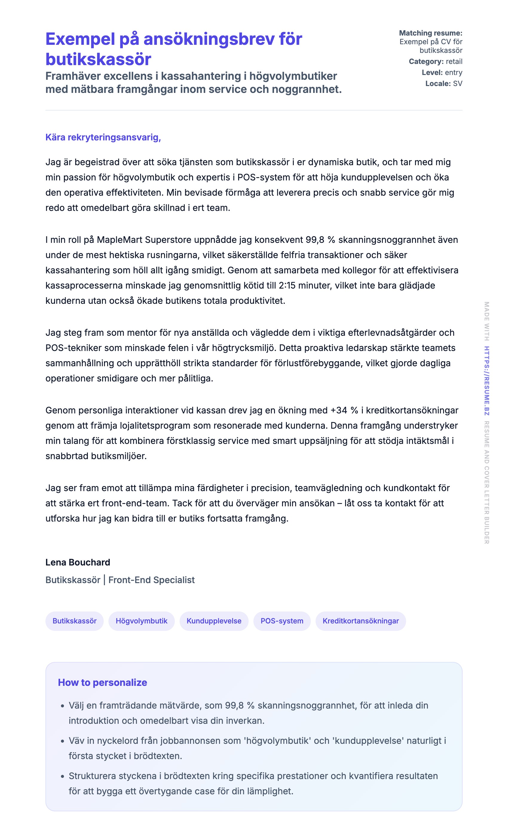 Förhandsgranskning av motivationsbrev för Exempel på ansökningsbrev för butikskassör