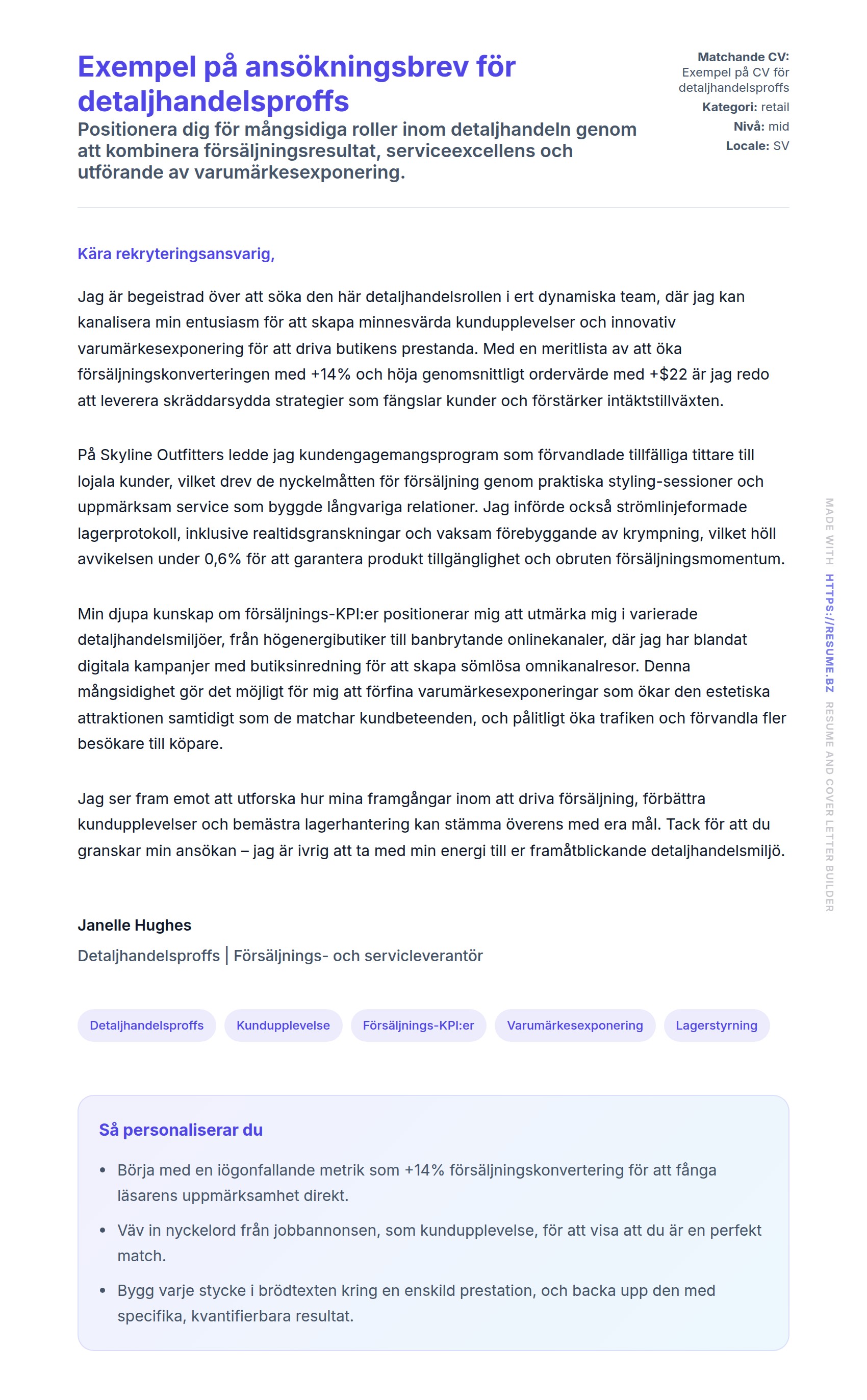 Förhandsgranskning av motivationsbrev för Exempel på ansökningsbrev för detaljhandelsproffs