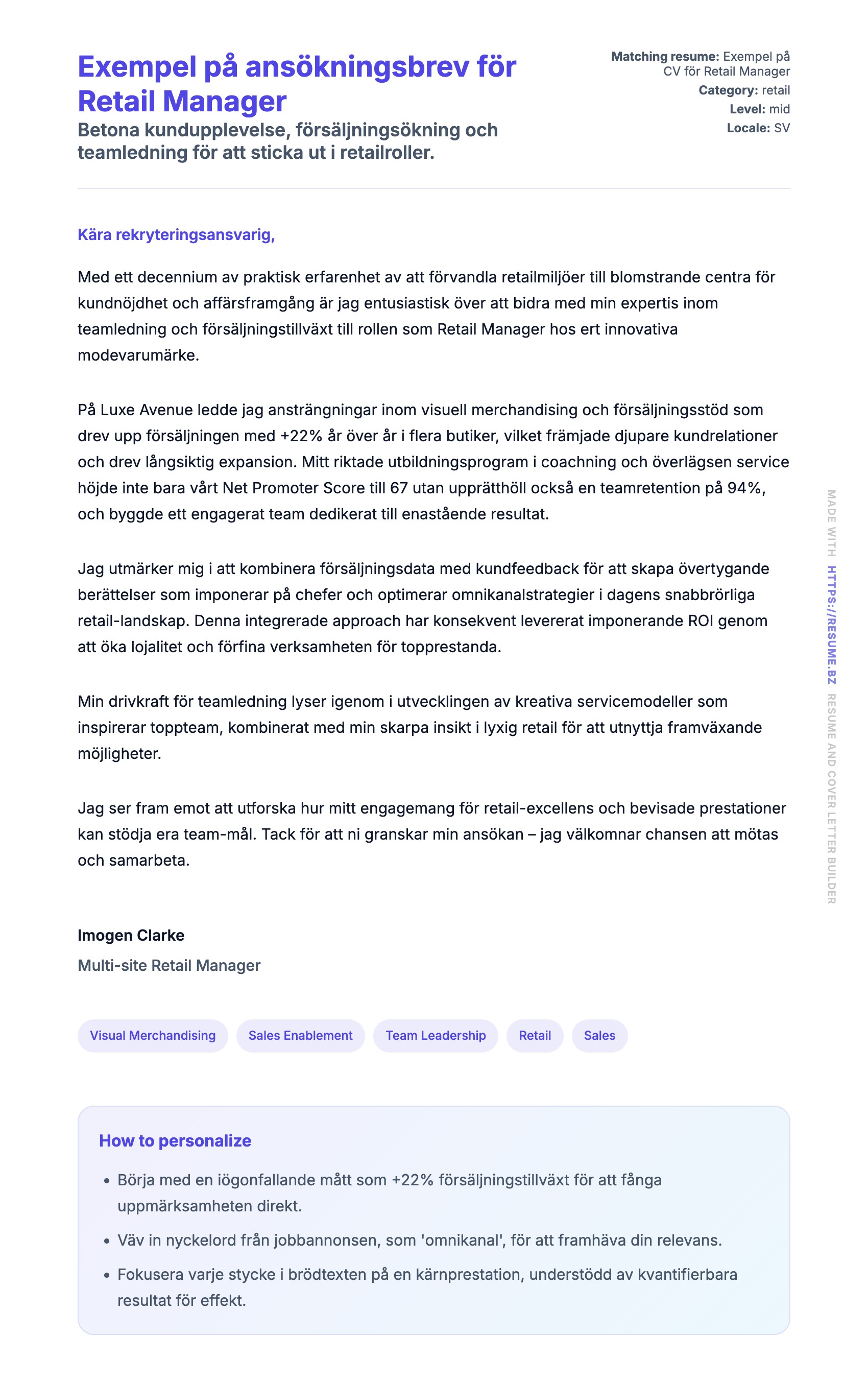 Förhandsgranskning av motivationsbrev för Exempel på ansökningsbrev för Retail Manager