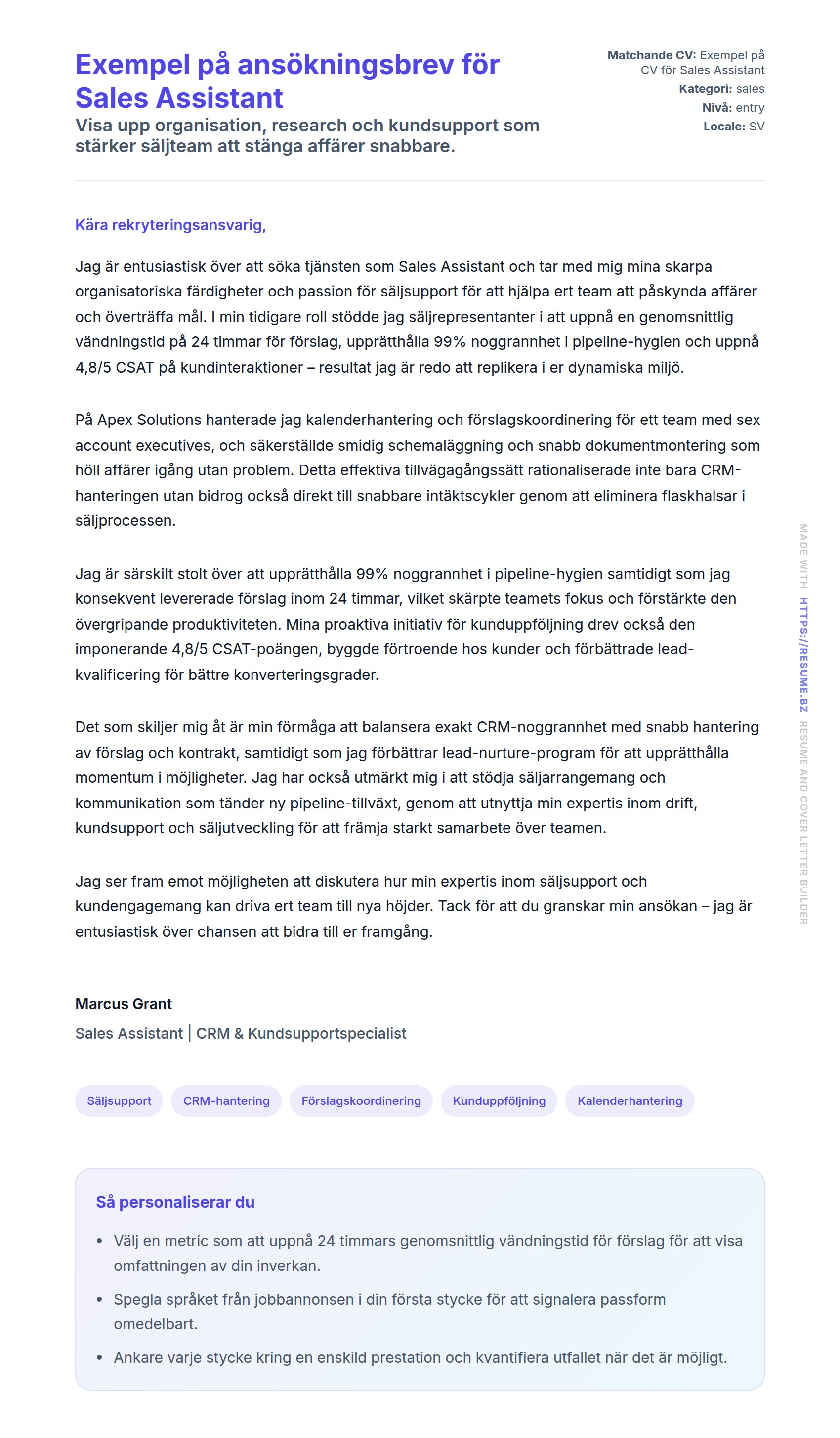 Förhandsgranskning av motivationsbrev för Exempel på ansökningsbrev för Sales Assistant