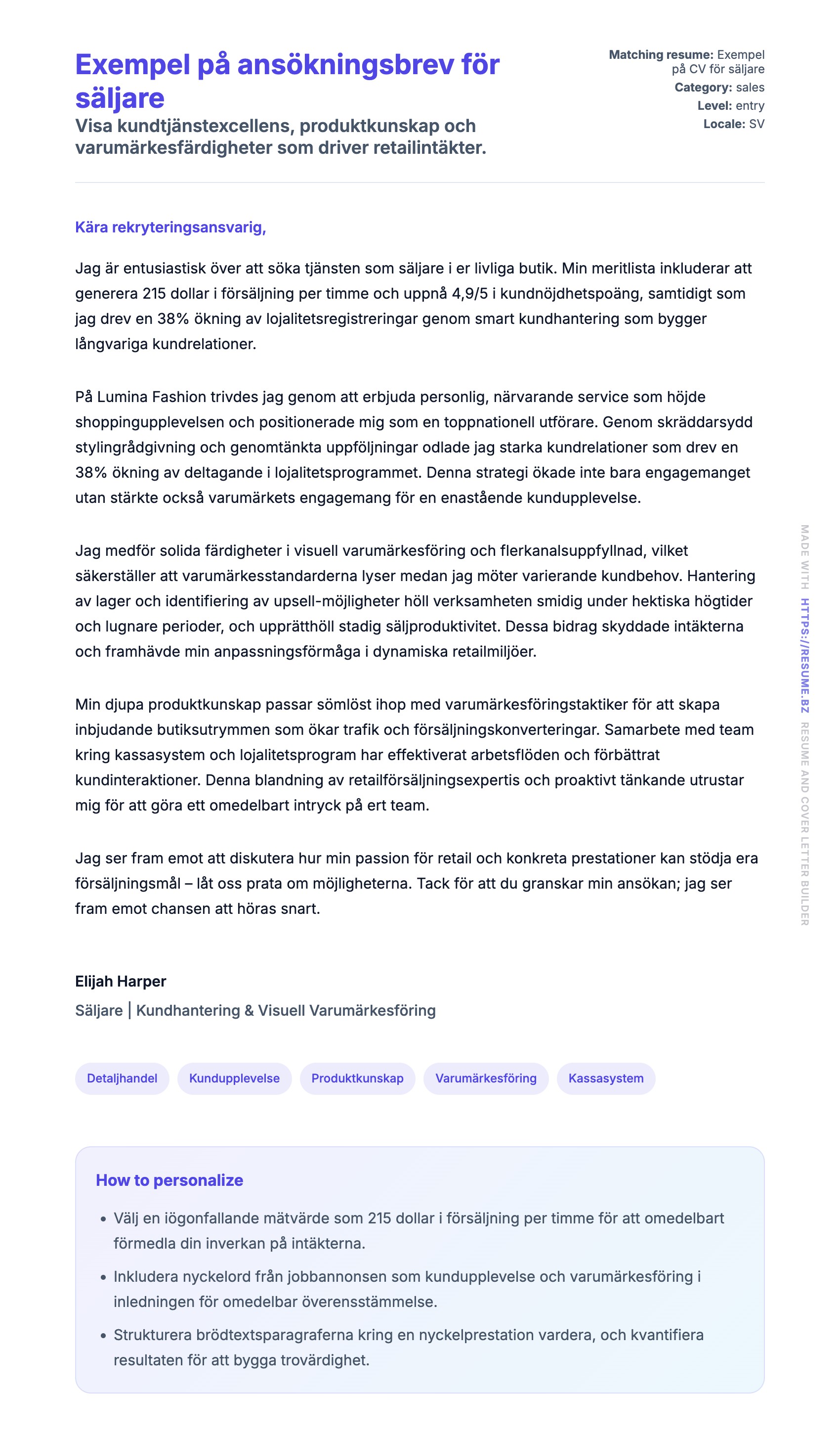 Förhandsgranskning av motivationsbrev för Exempel på ansökningsbrev för säljare