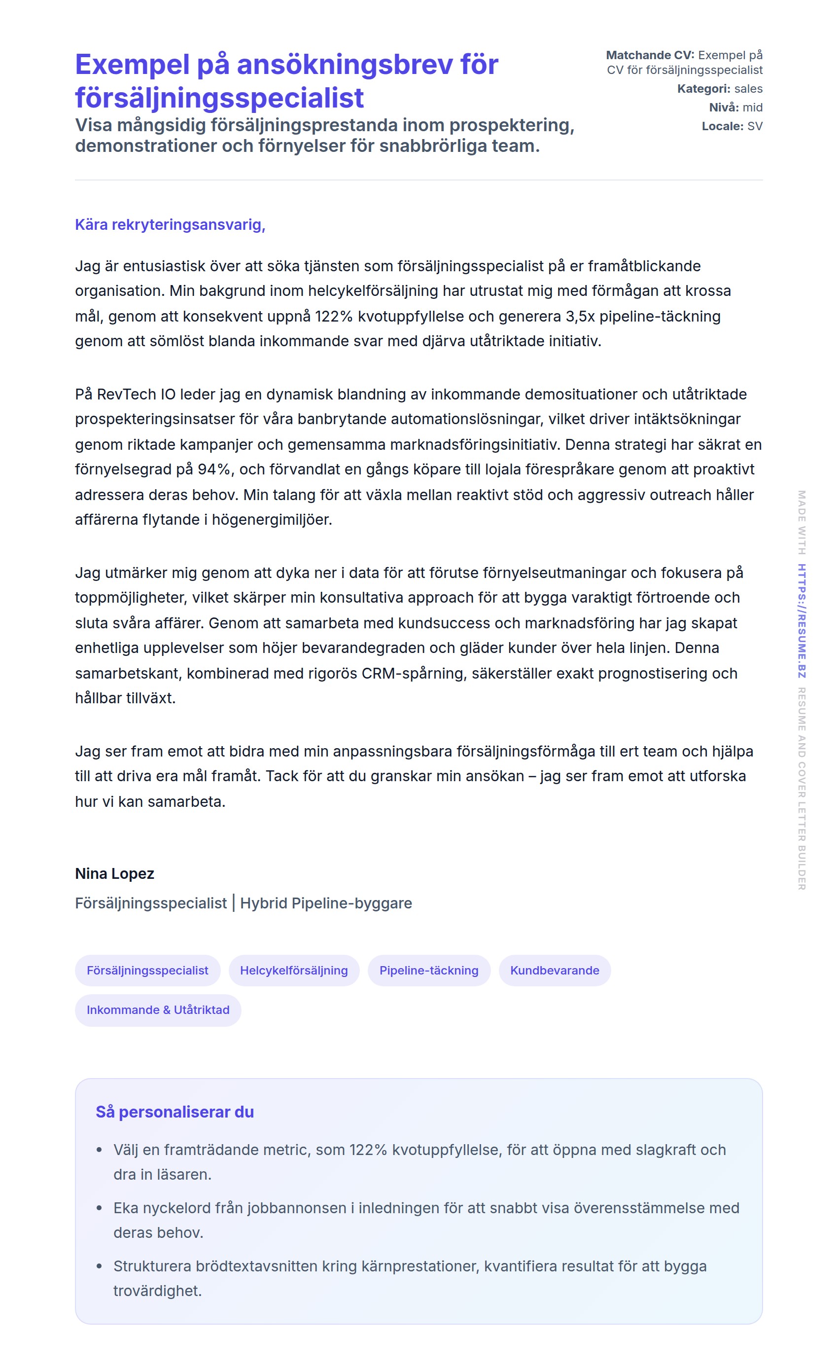 Förhandsgranskning av motivationsbrev för Exempel på ansökningsbrev för försäljningsspecialist