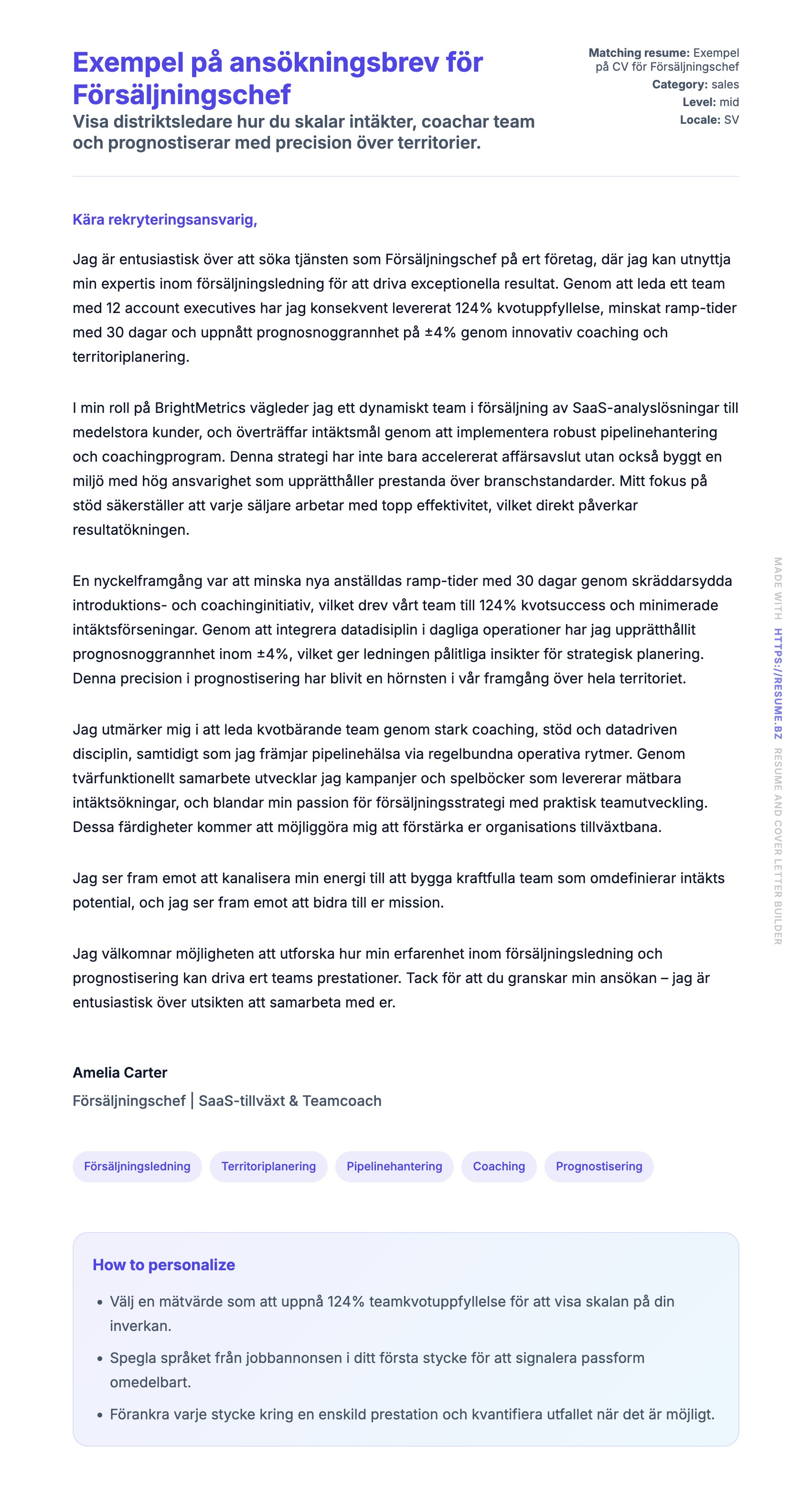 Förhandsgranskning av motivationsbrev för Exempel på ansökningsbrev för Försäljningschef