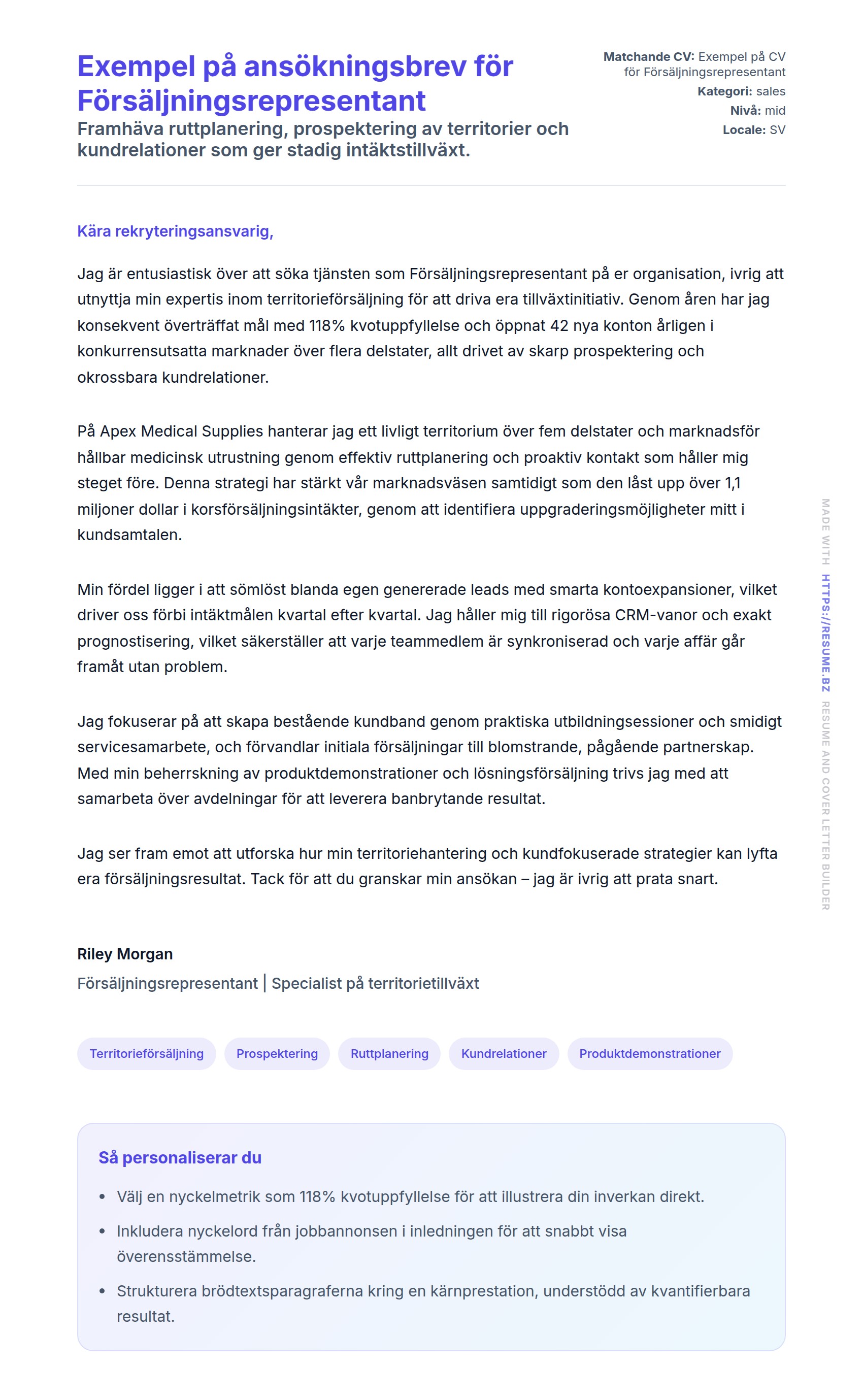 Förhandsgranskning av motivationsbrev för Exempel på ansökningsbrev för Försäljningsrepresentant