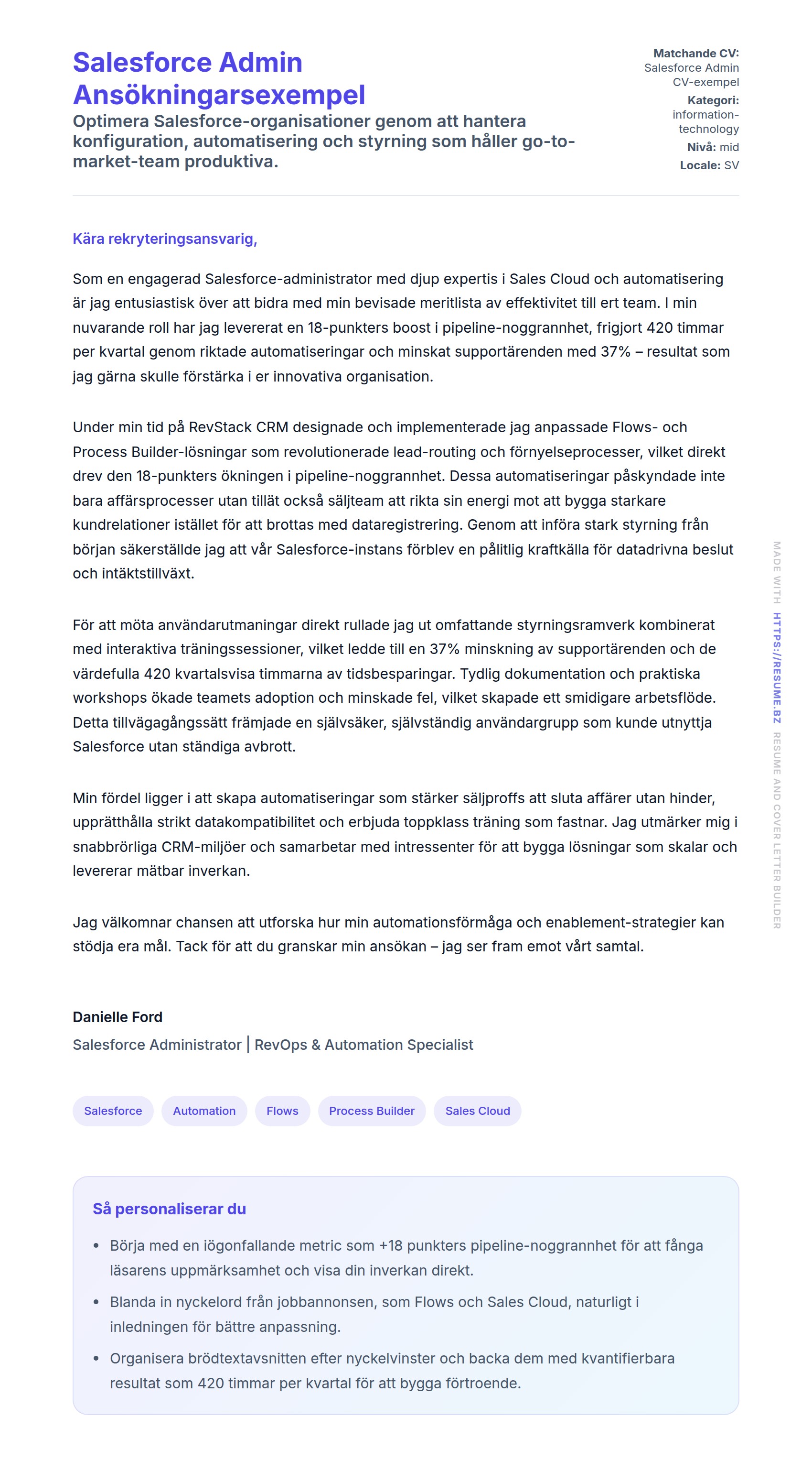 Förhandsgranskning av motivationsbrev för Salesforce Admin Ansökningarsexempel