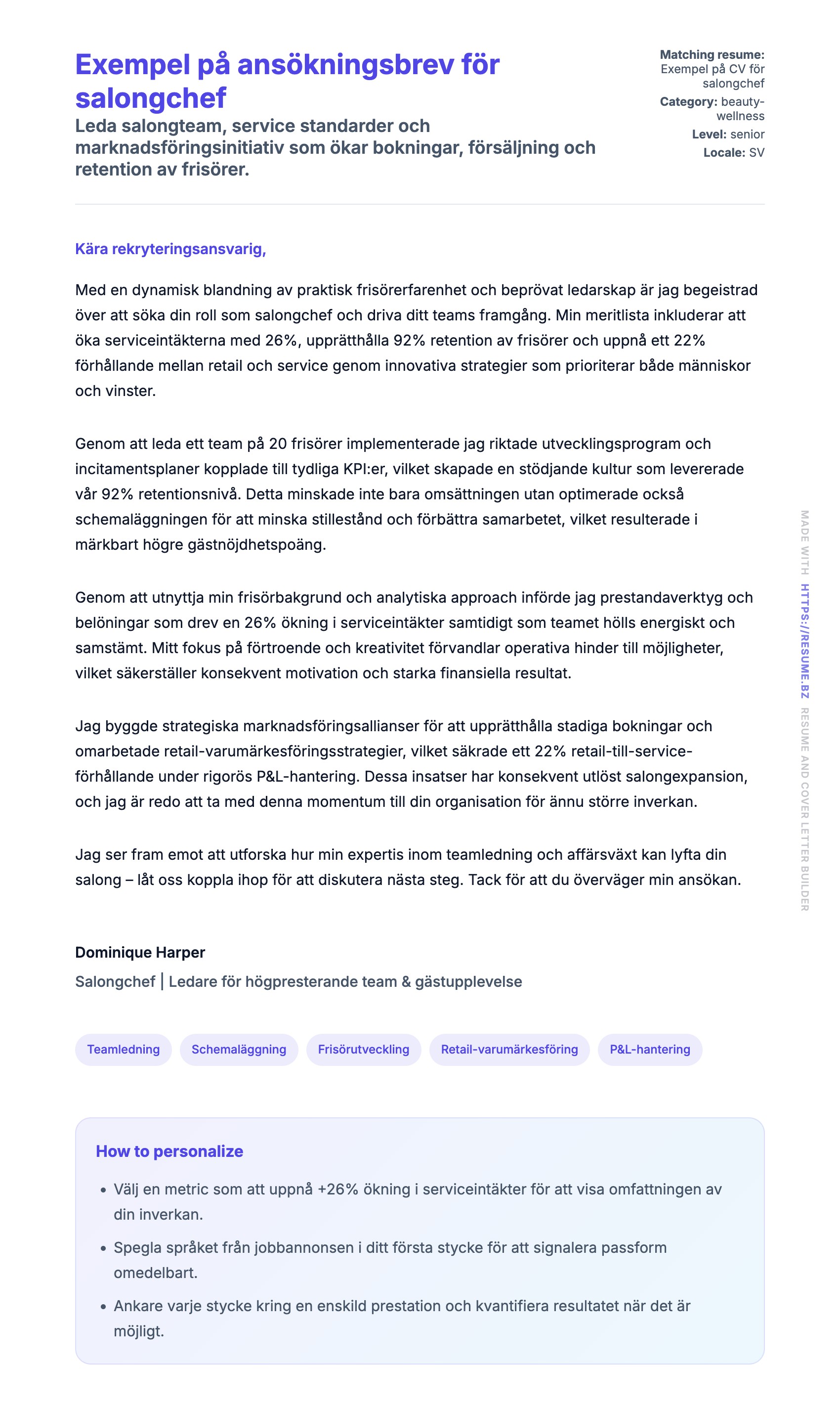 Förhandsgranskning av motivationsbrev för Exempel på ansökningsbrev för salongchef