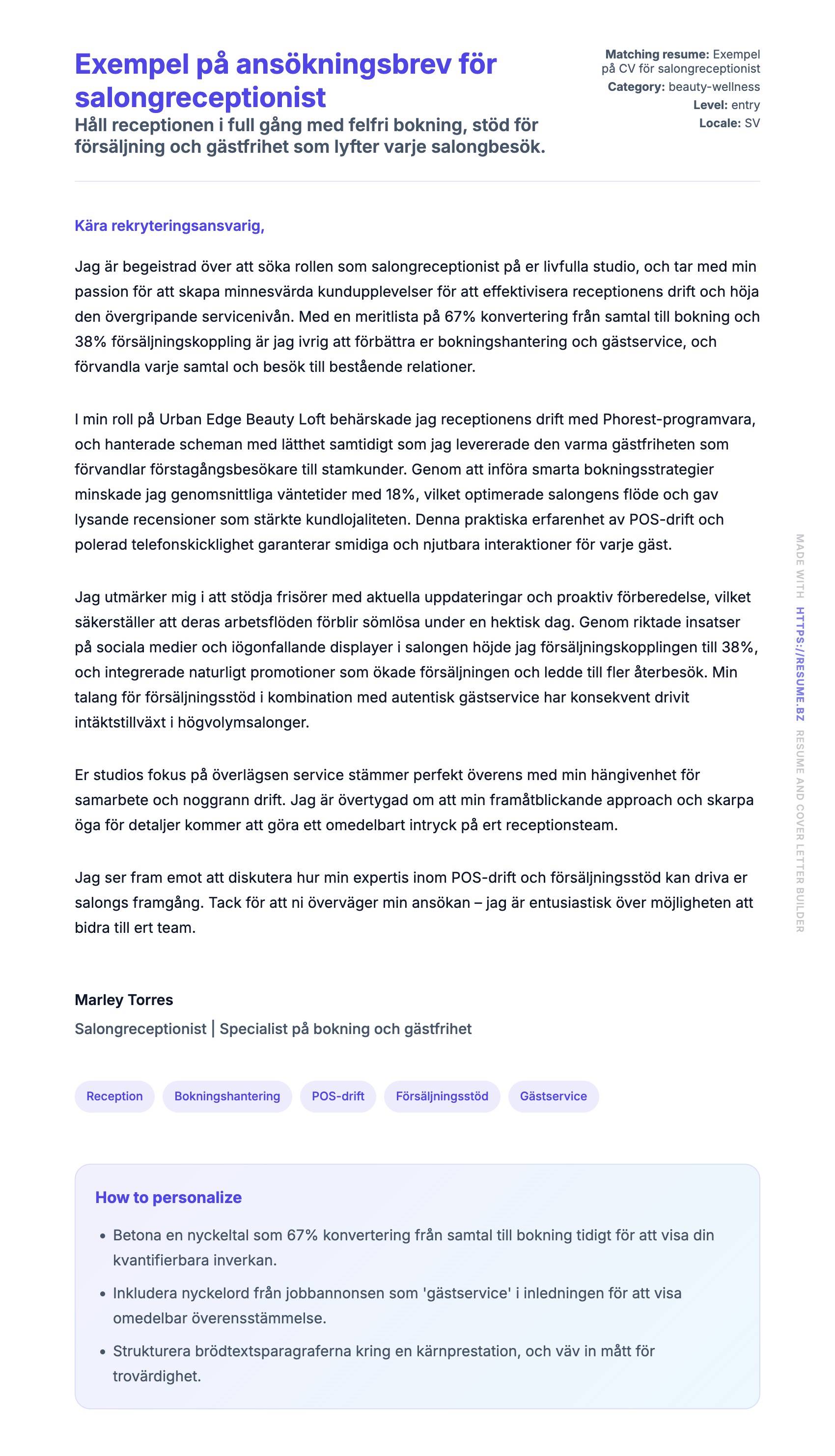 Förhandsgranskning av motivationsbrev för Exempel på ansökningsbrev för salongreceptionist
