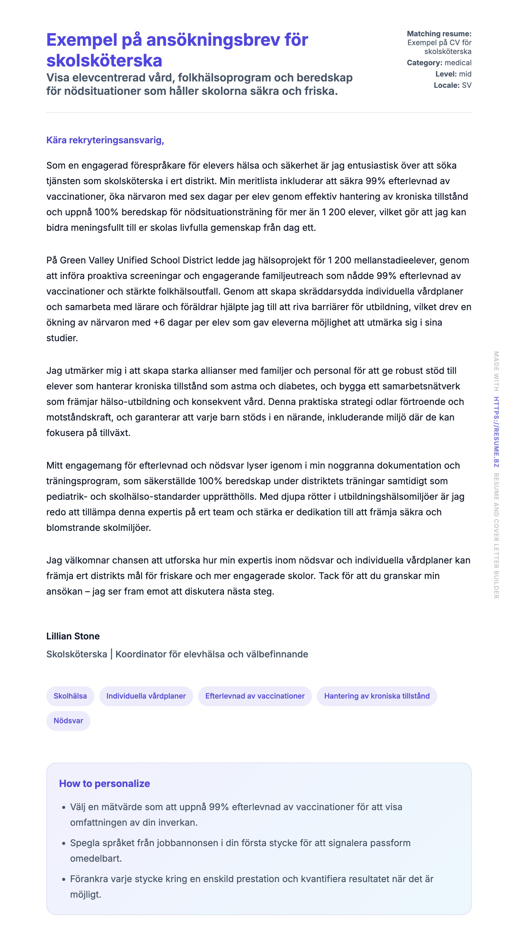 Förhandsgranskning av motivationsbrev för Exempel på ansökningsbrev för skolsköterska