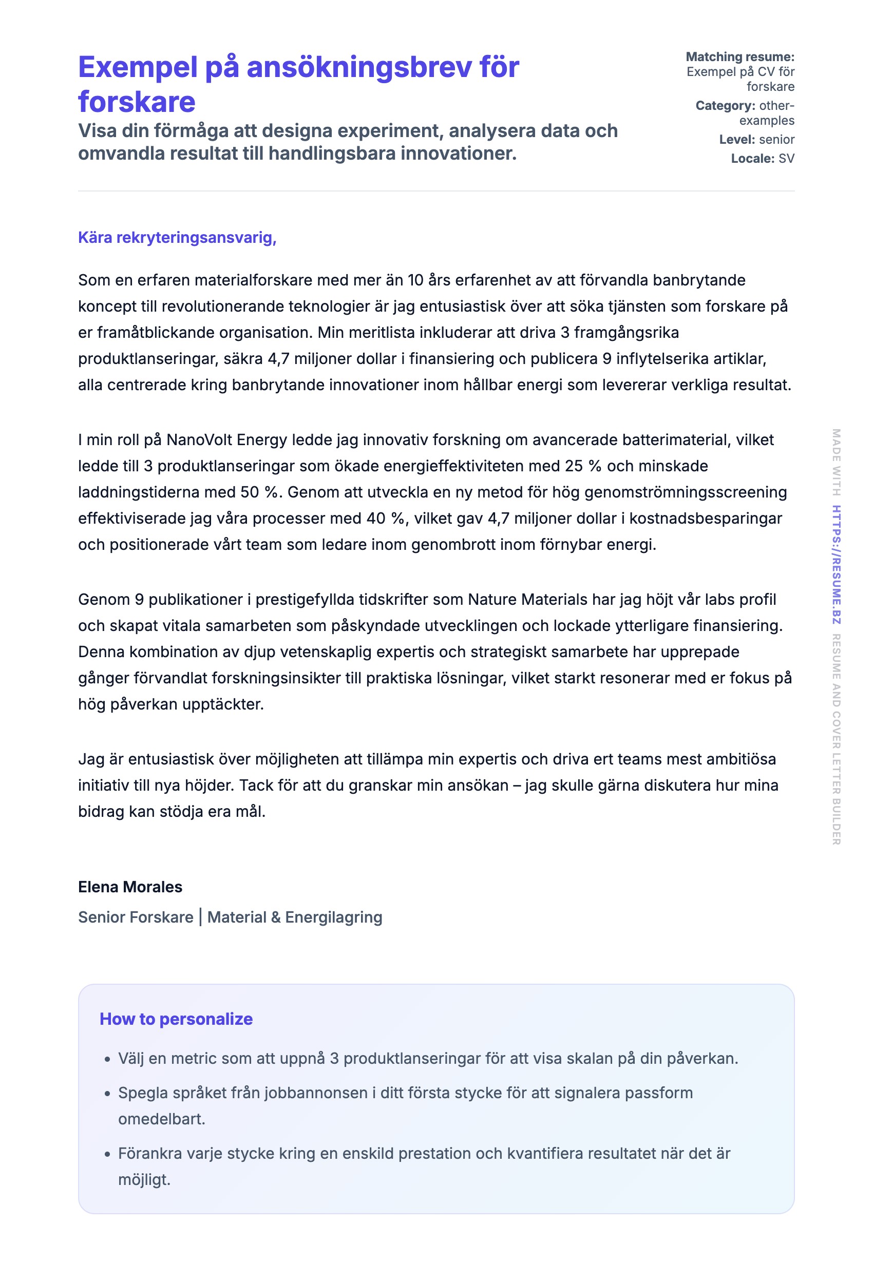 Förhandsgranskning av motivationsbrev för Exempel på ansökningsbrev för forskare