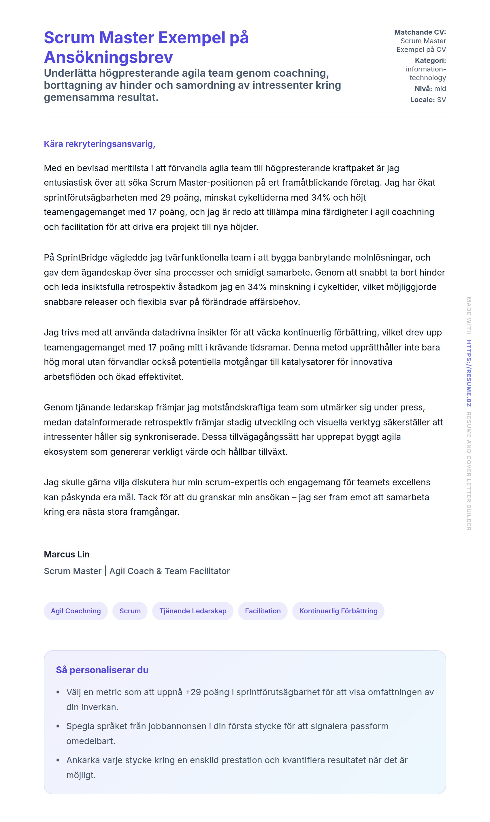 Förhandsgranskning av motivationsbrev för Scrum Master Exempel på Ansökningsbrev