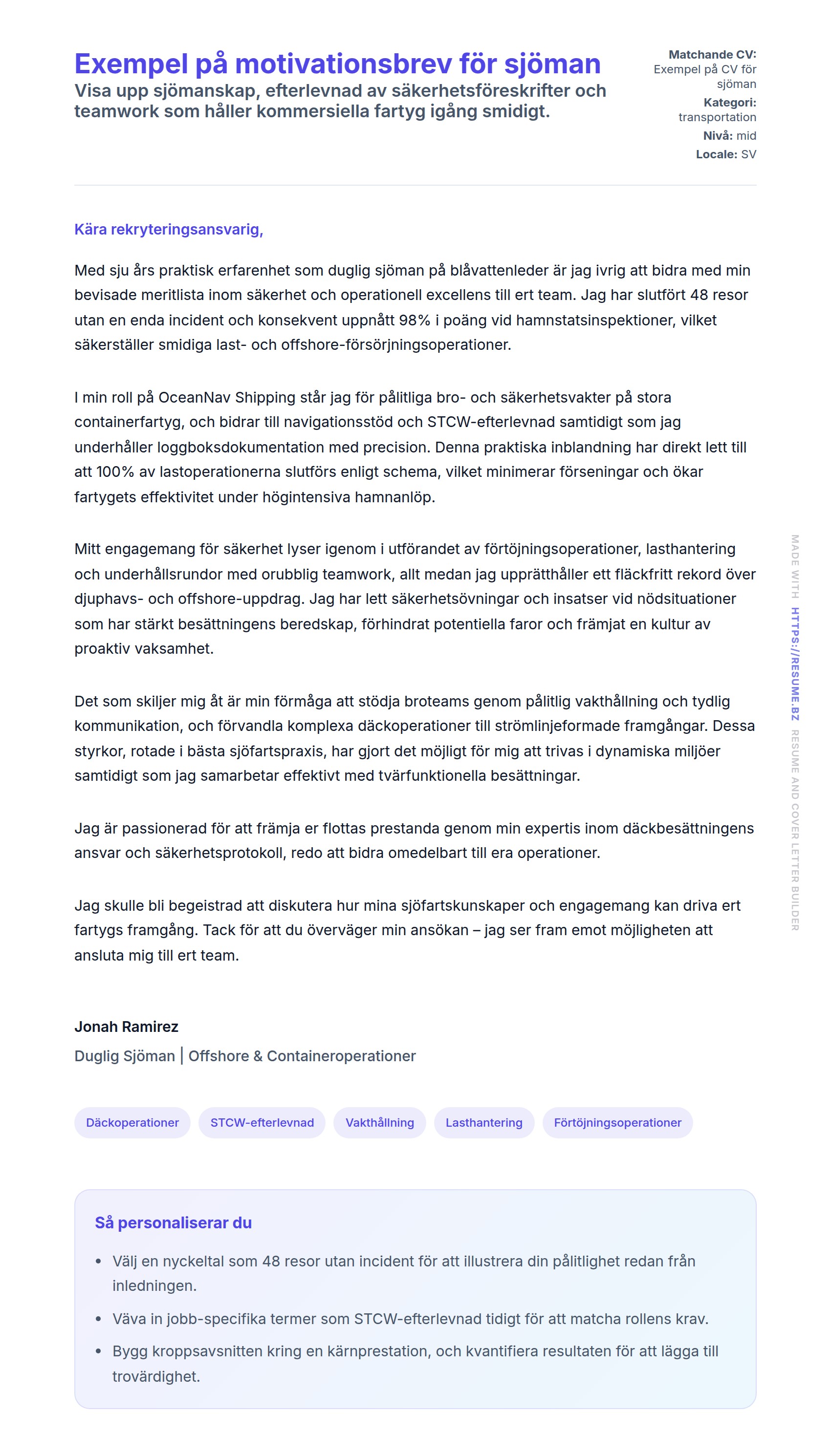 Förhandsgranskning av motivationsbrev för Exempel på motivationsbrev för sjöman