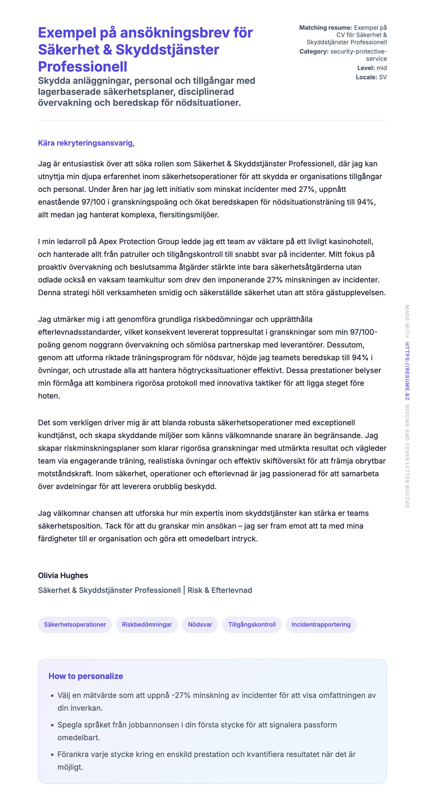 Förhandsgranskning av motivationsbrev för Exempel på ansökningsbrev för Säkerhet & Skyddstjänster Professionell