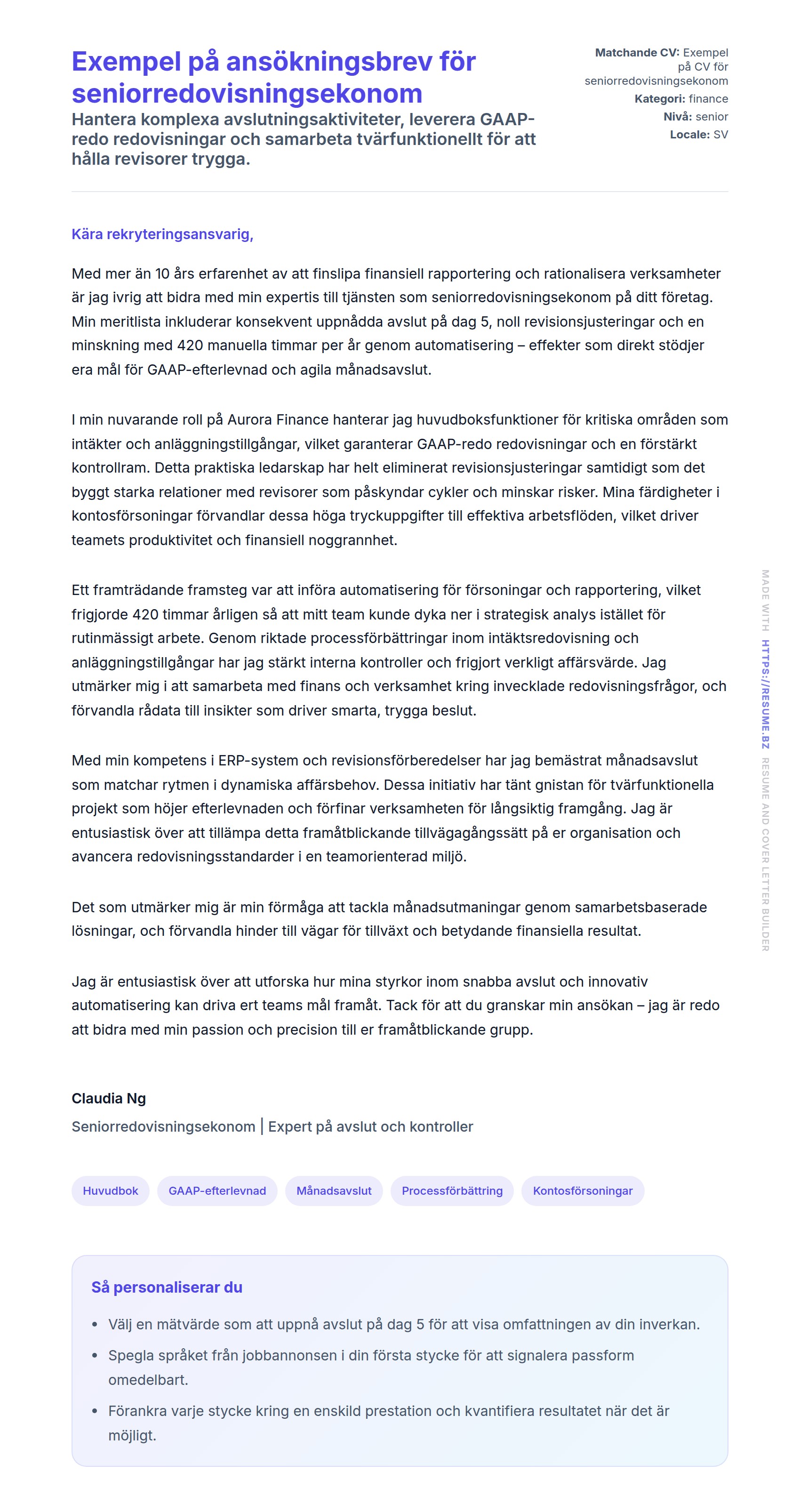 Förhandsgranskning av motivationsbrev för Exempel på ansökningsbrev för seniorredovisningsekonom