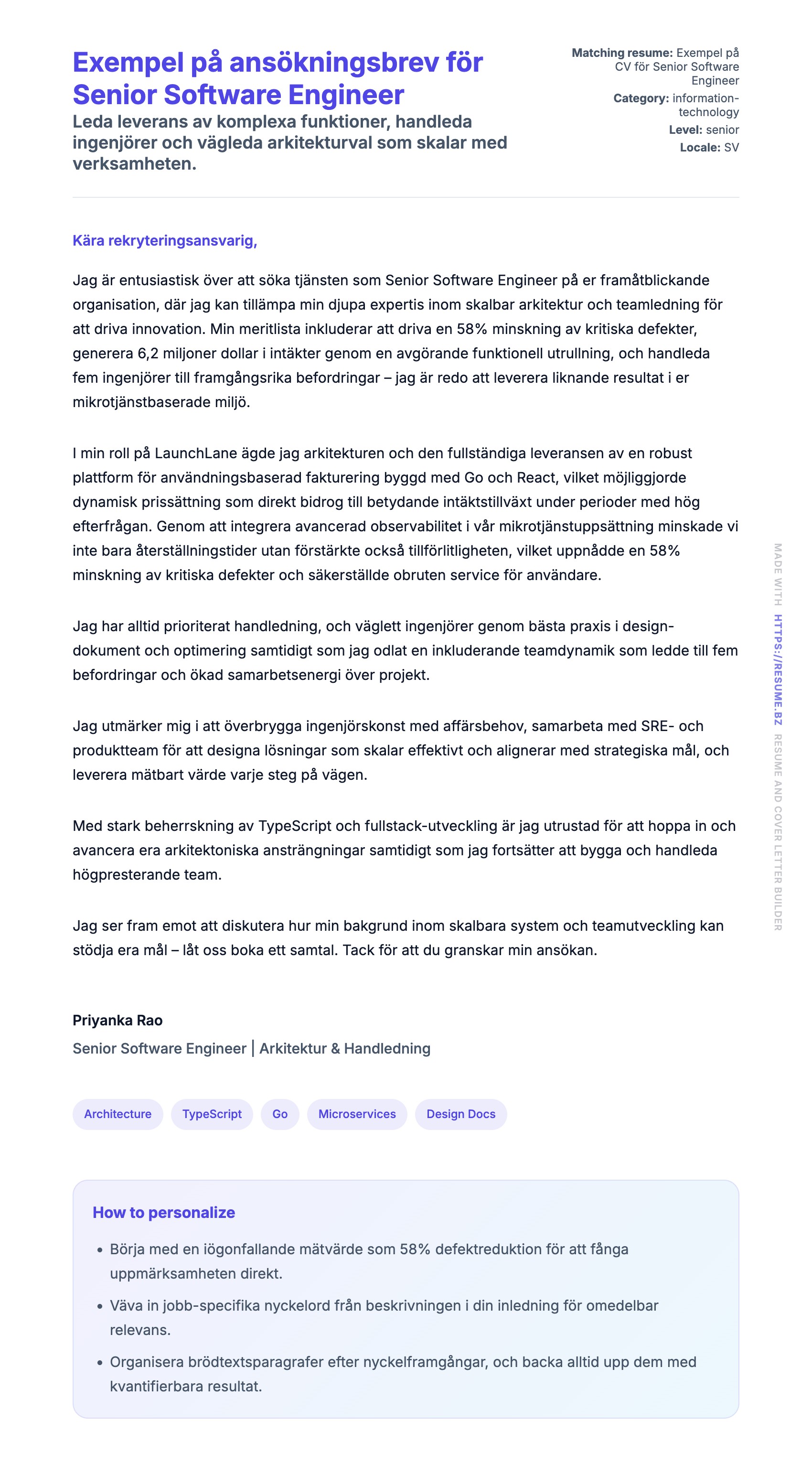 Förhandsgranskning av motivationsbrev för Exempel på ansökningsbrev för Senior Software Engineer