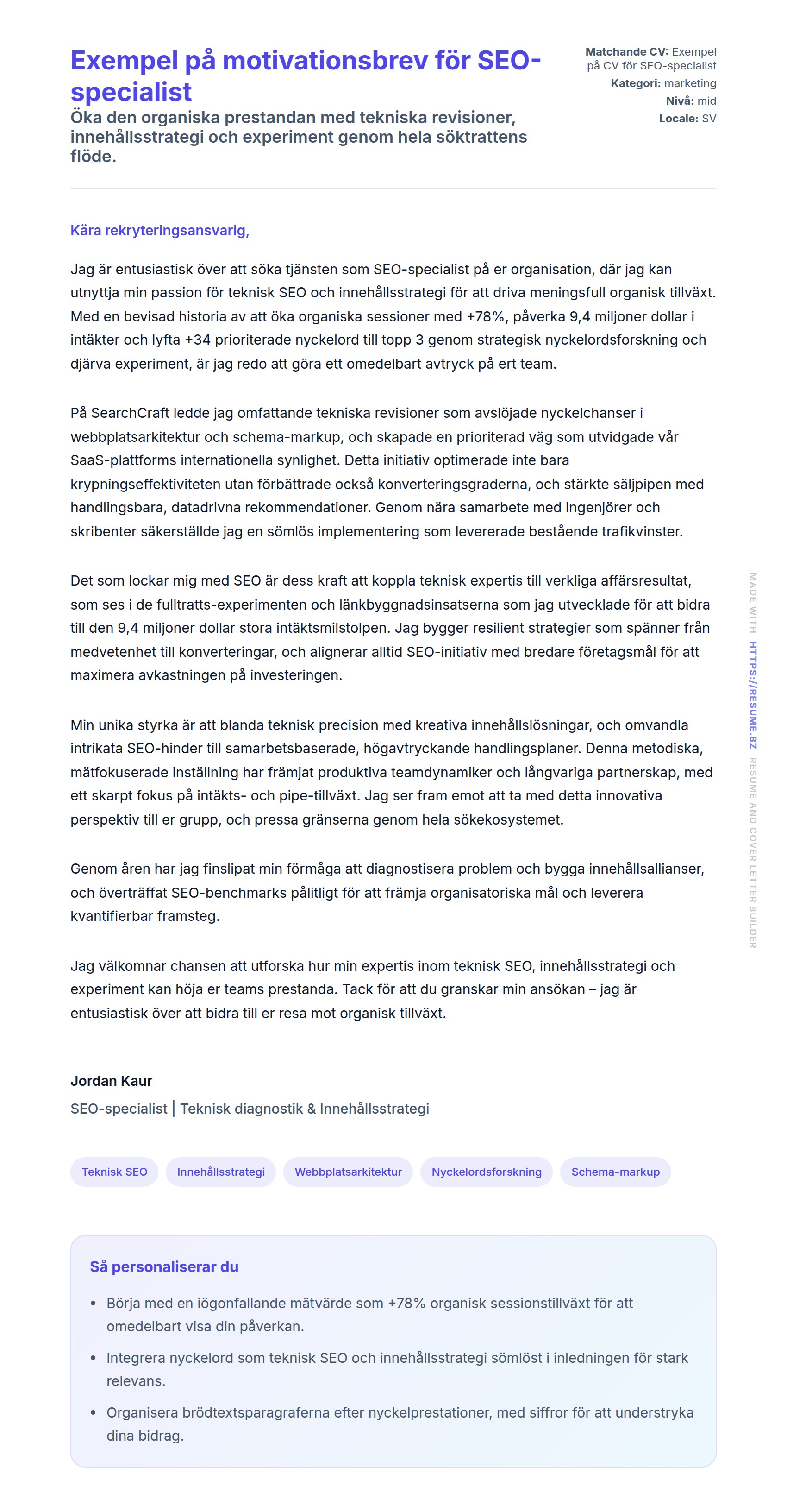 Förhandsgranskning av motivationsbrev för Exempel på motivationsbrev för SEO-specialist