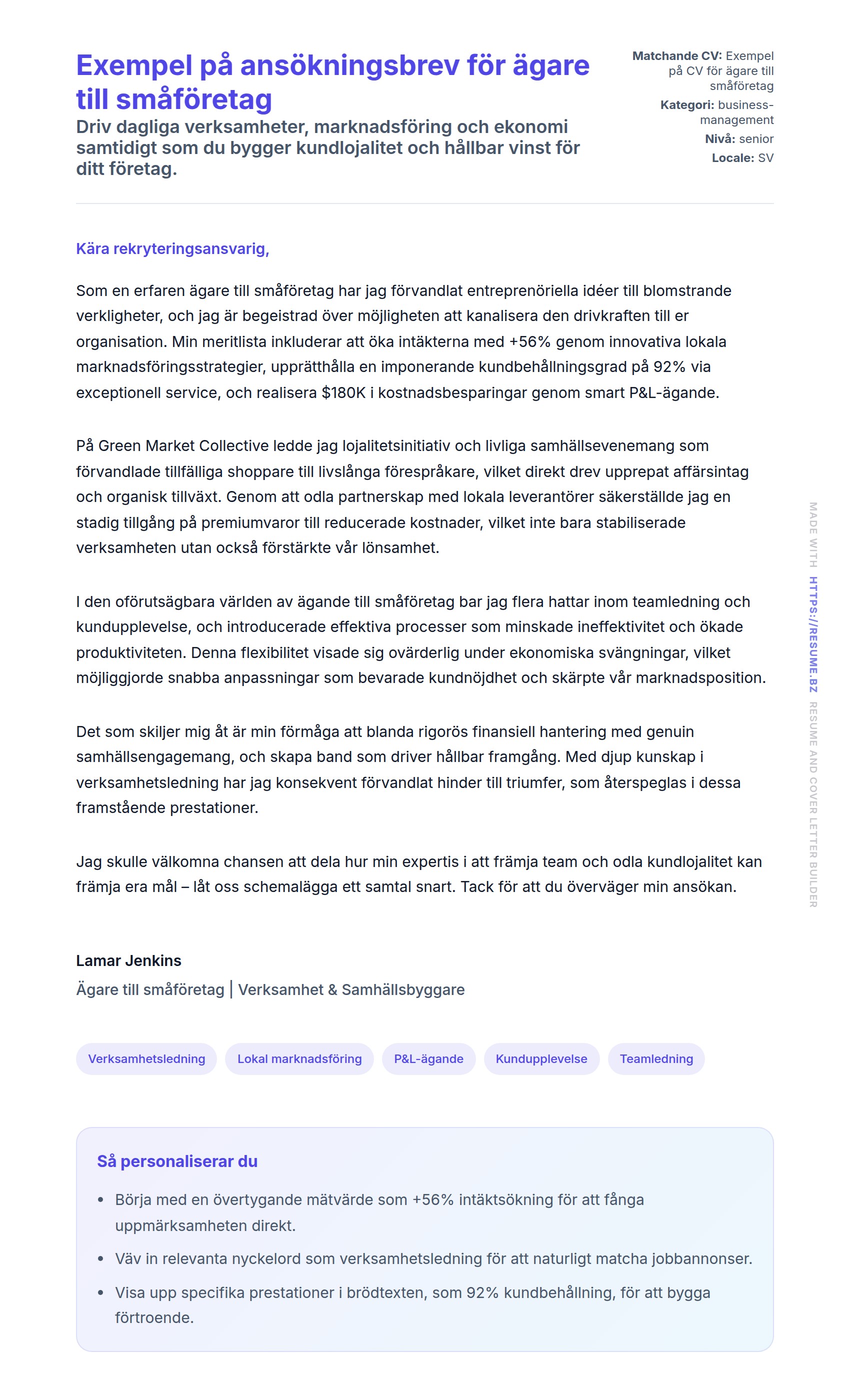 Förhandsgranskning av motivationsbrev för Exempel på ansökningsbrev för ägare till småföretag