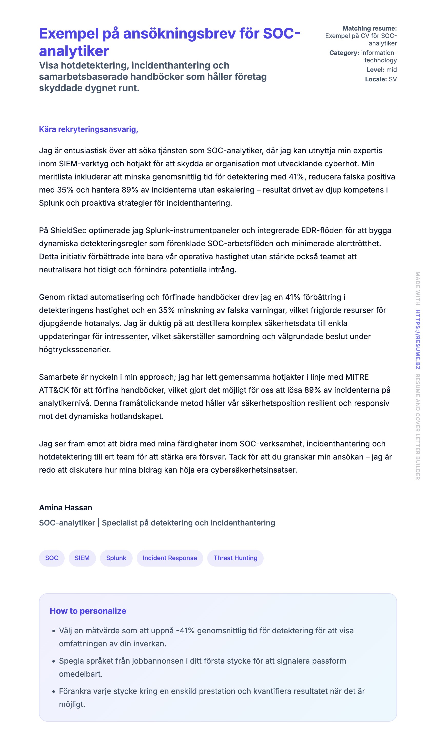 Förhandsgranskning av motivationsbrev för Exempel på ansökningsbrev för SOC-analytiker