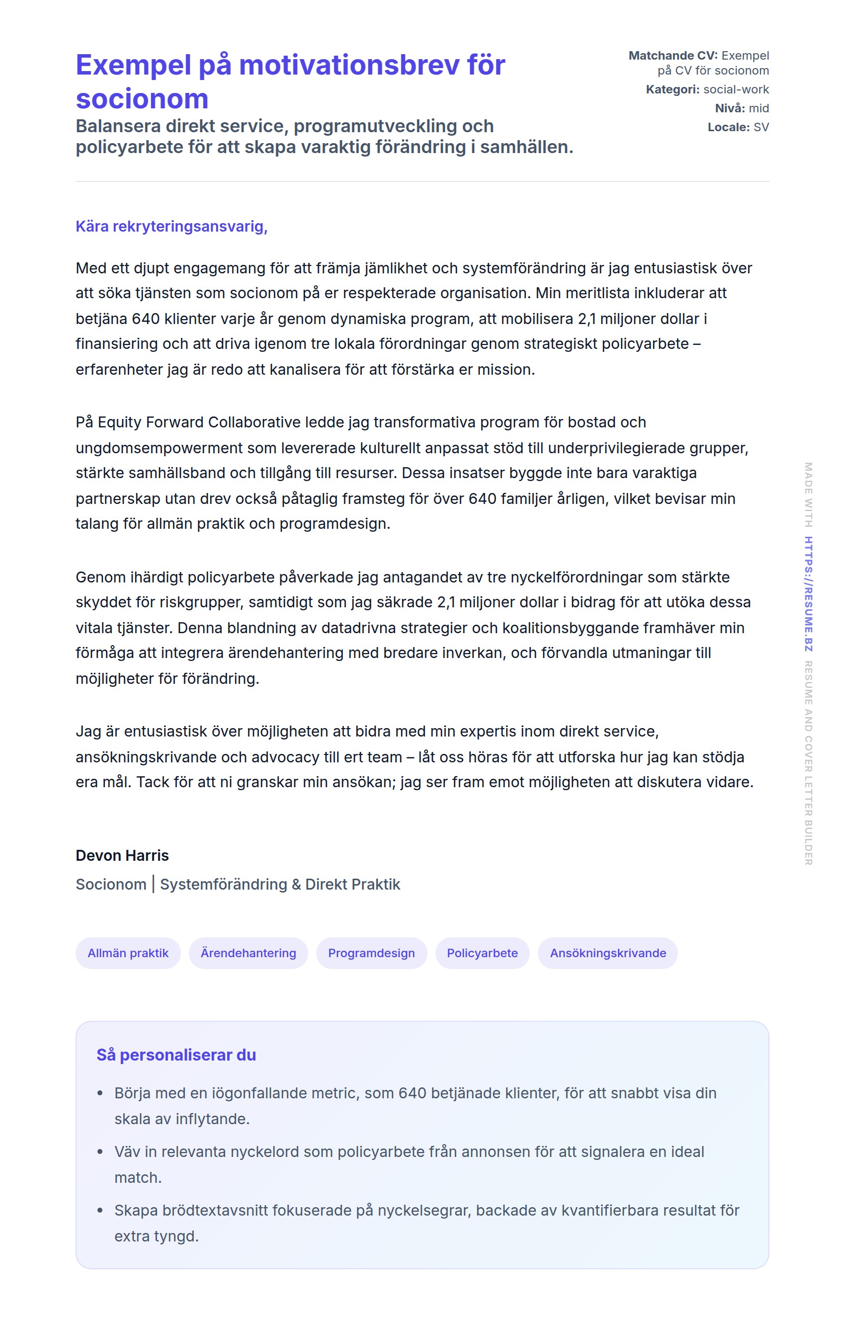 Förhandsgranskning av motivationsbrev för Exempel på motivationsbrev för socionom