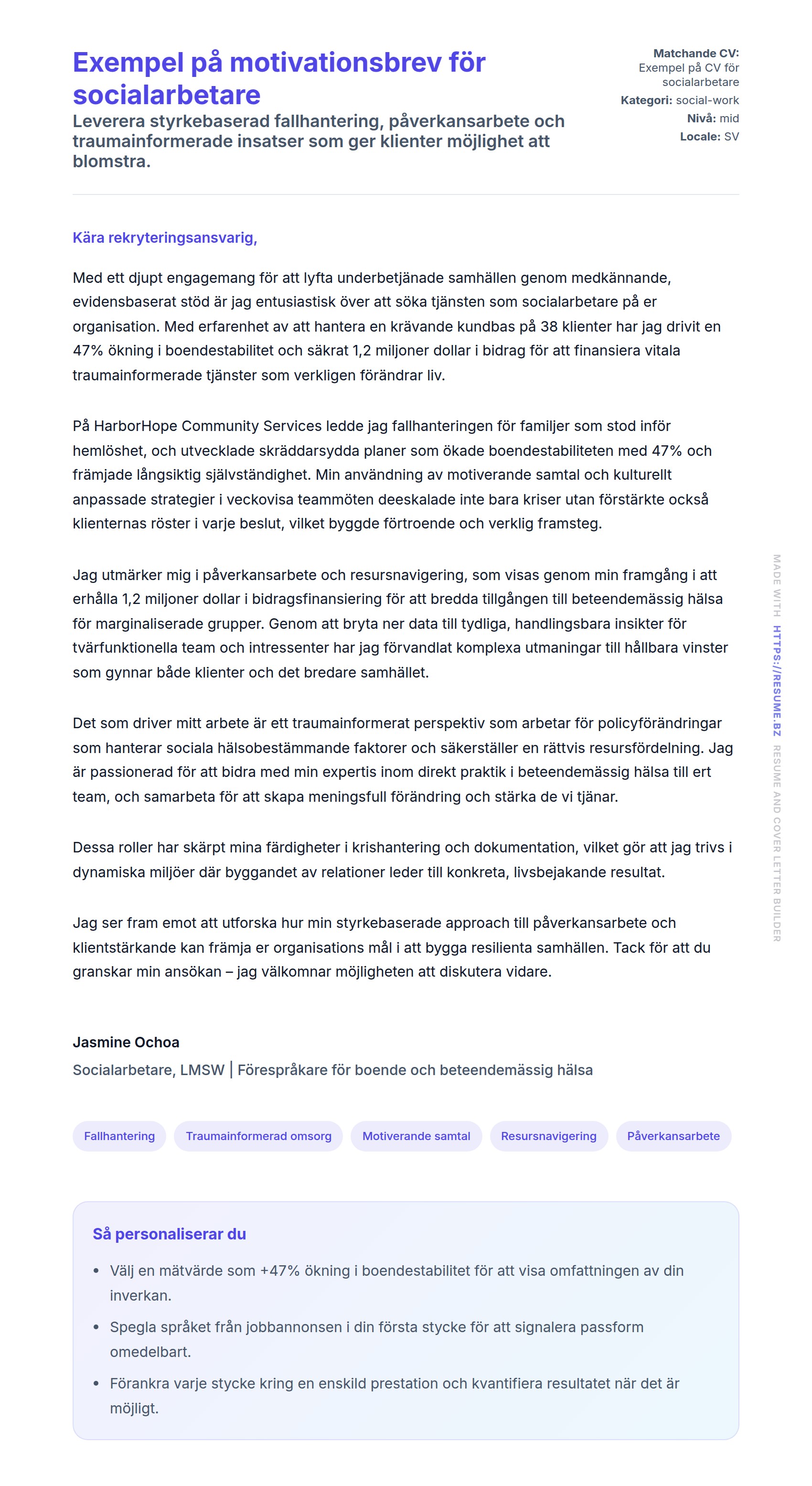 Förhandsgranskning av motivationsbrev för Exempel på motivationsbrev för socialarbetare